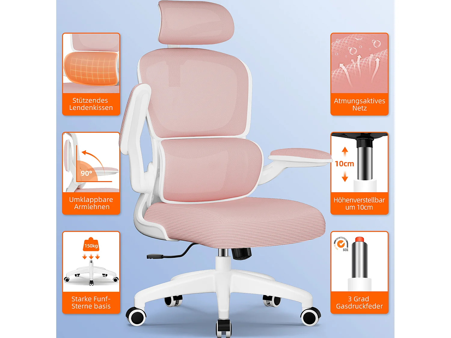 Bürostuhl - Ergonomisch Bürostuhl - Verstellbarer Kopfstütze - Klappbare Armlehnen - Lendenwirbelstütze - Höhenverstellbarer - maximaler Neigung von 135° - 150 kg
