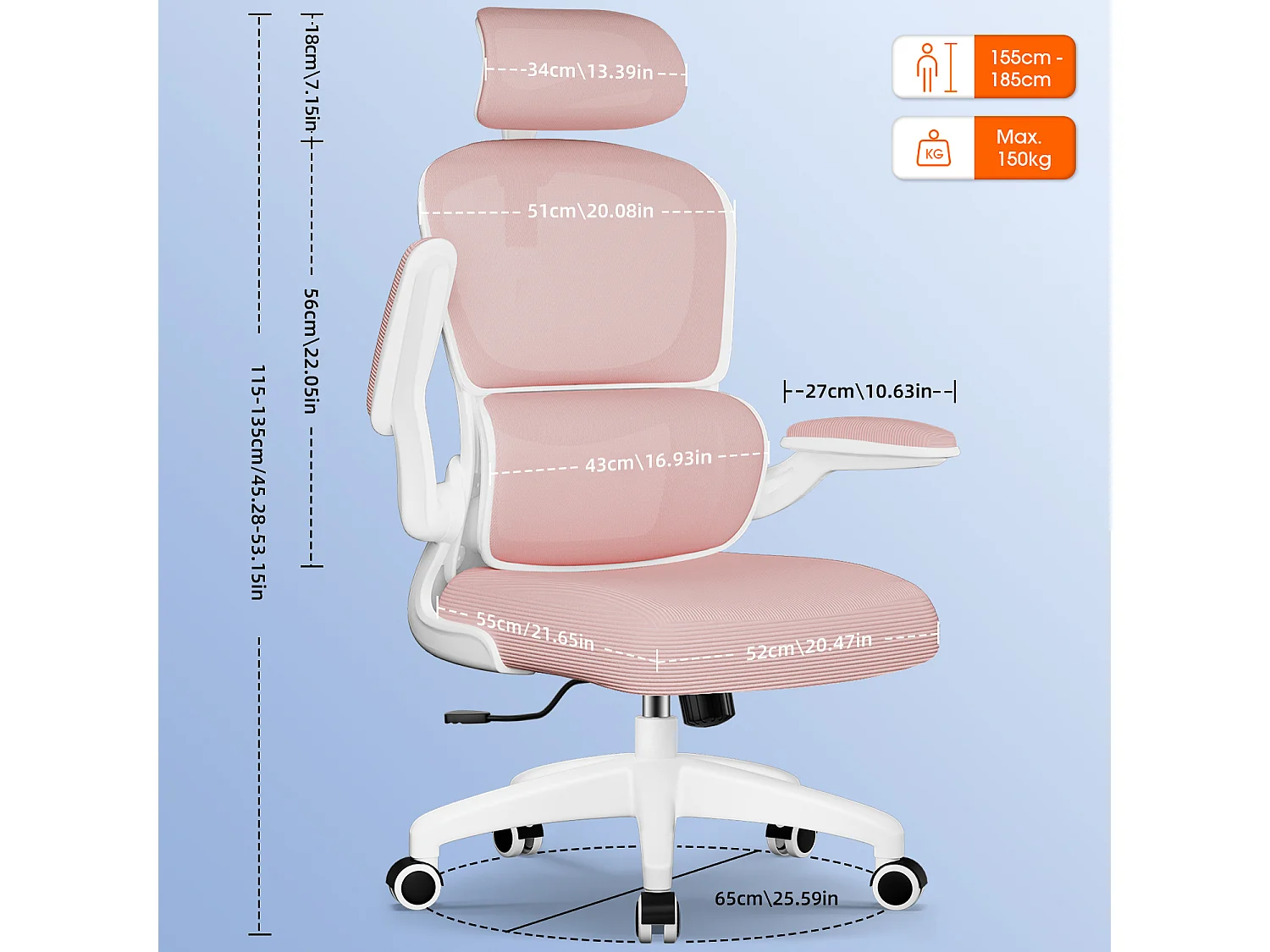 Bürostuhl - Ergonomisch Bürostuhl - Verstellbarer Kopfstütze - Klappbare Armlehnen - Lendenwirbelstütze - Höhenverstellbarer - maximaler Neigung von 135° - 150 kg