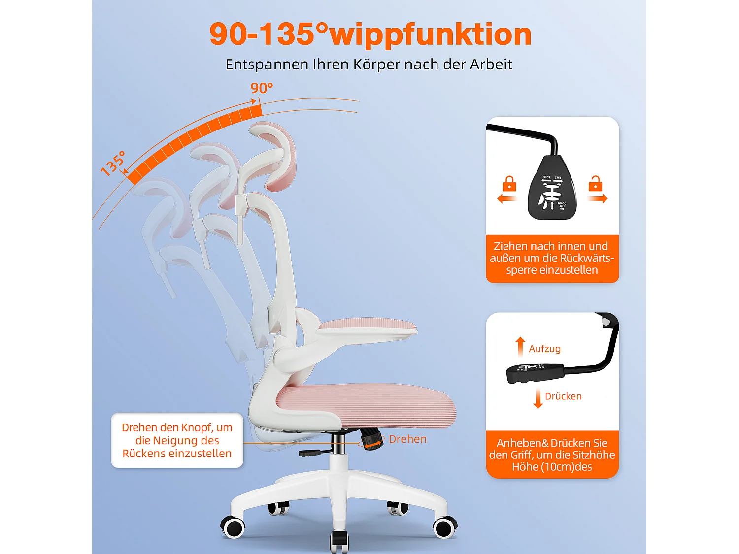 Bürostuhl - Ergonomisch Bürostuhl - Verstellbarer Kopfstütze - Klappbare Armlehnen - Lendenwirbelstütze - Höhenverstellbarer - maximaler Neigung von 135° - 150 kg