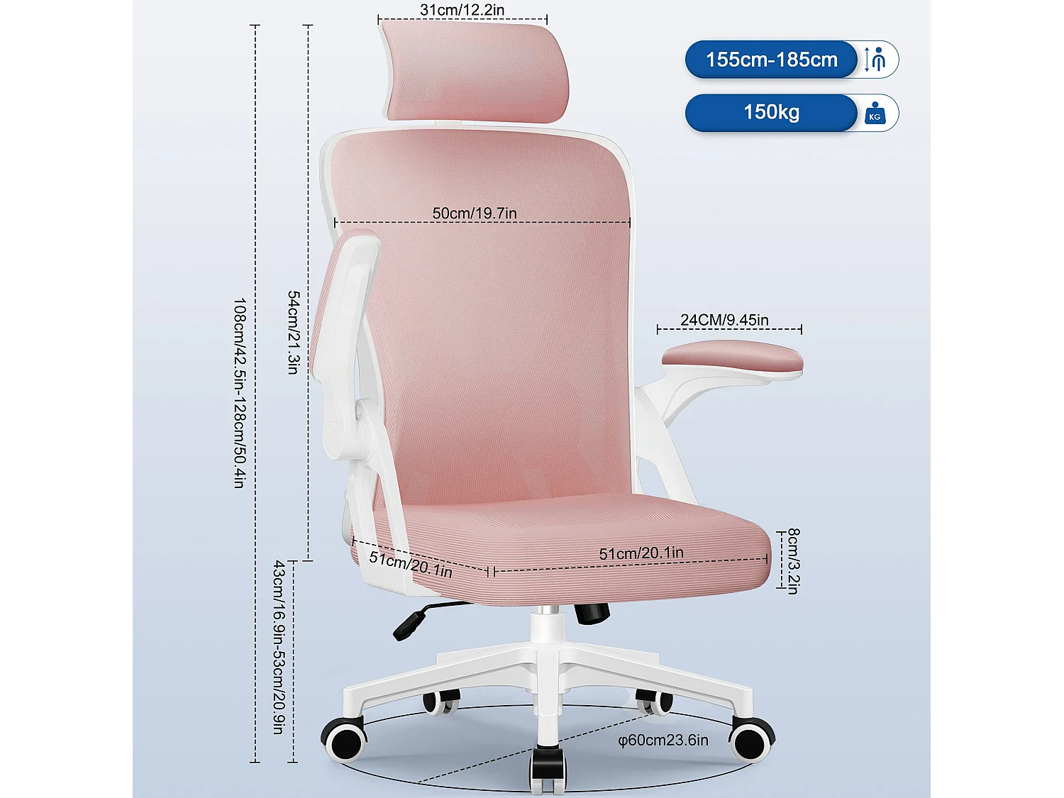 Bürostuhl - Drehbarer ergonomischer Bürostuhl - Mit verstellbarer Kopfstütze und Rückenlehne  - Atmungsaktiver Bürostuhl - 150kg - Netz-Wippfunktion - Managerstuhl
