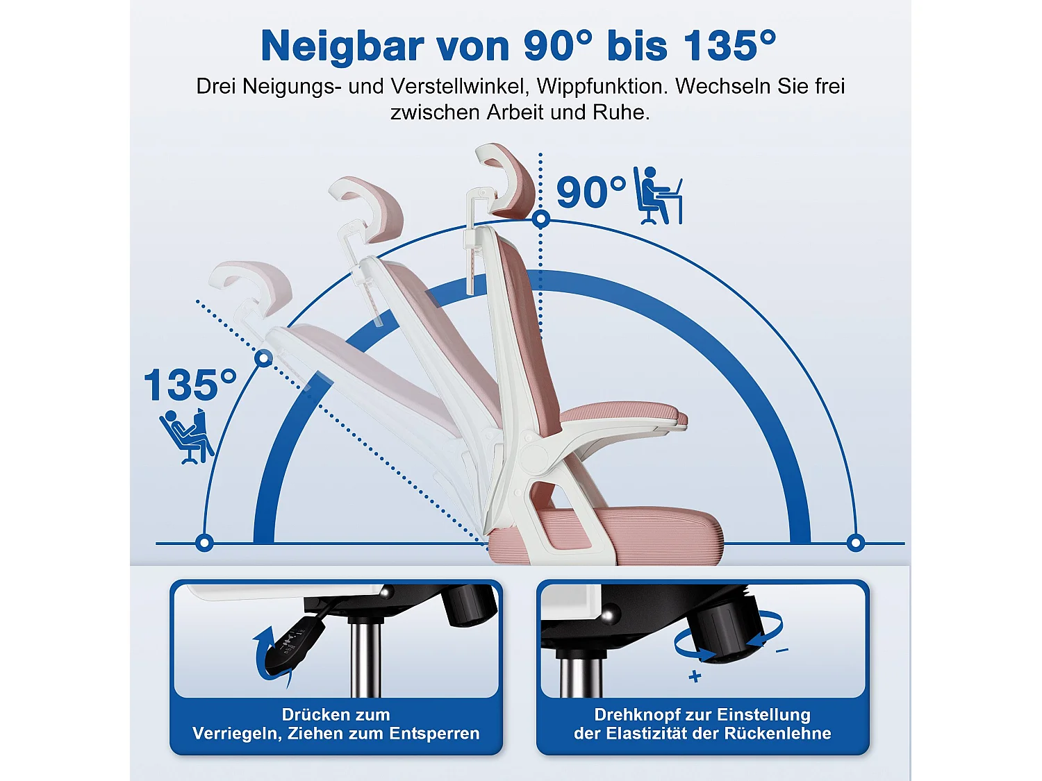 Bürostuhl - Drehbarer ergonomischer Bürostuhl - Mit verstellbarer Kopfstütze und Rückenlehne  - Atmungsaktiver Bürostuhl - 150kg - Netz-Wippfunktion - Managerstuhl