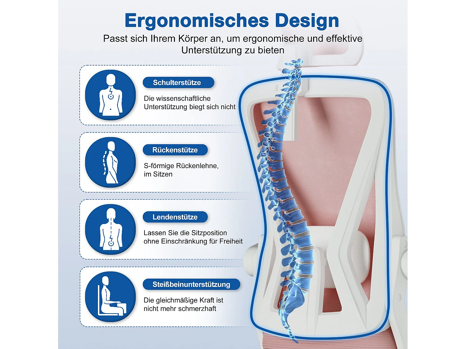 Bürostuhl - Drehbarer ergonomischer Bürostuhl - Mit verstellbarer Kopfstütze und Rückenlehne  - Atmungsaktiver Bürostuhl - 150kg - Netz-Wippfunktion - Managerstuhl