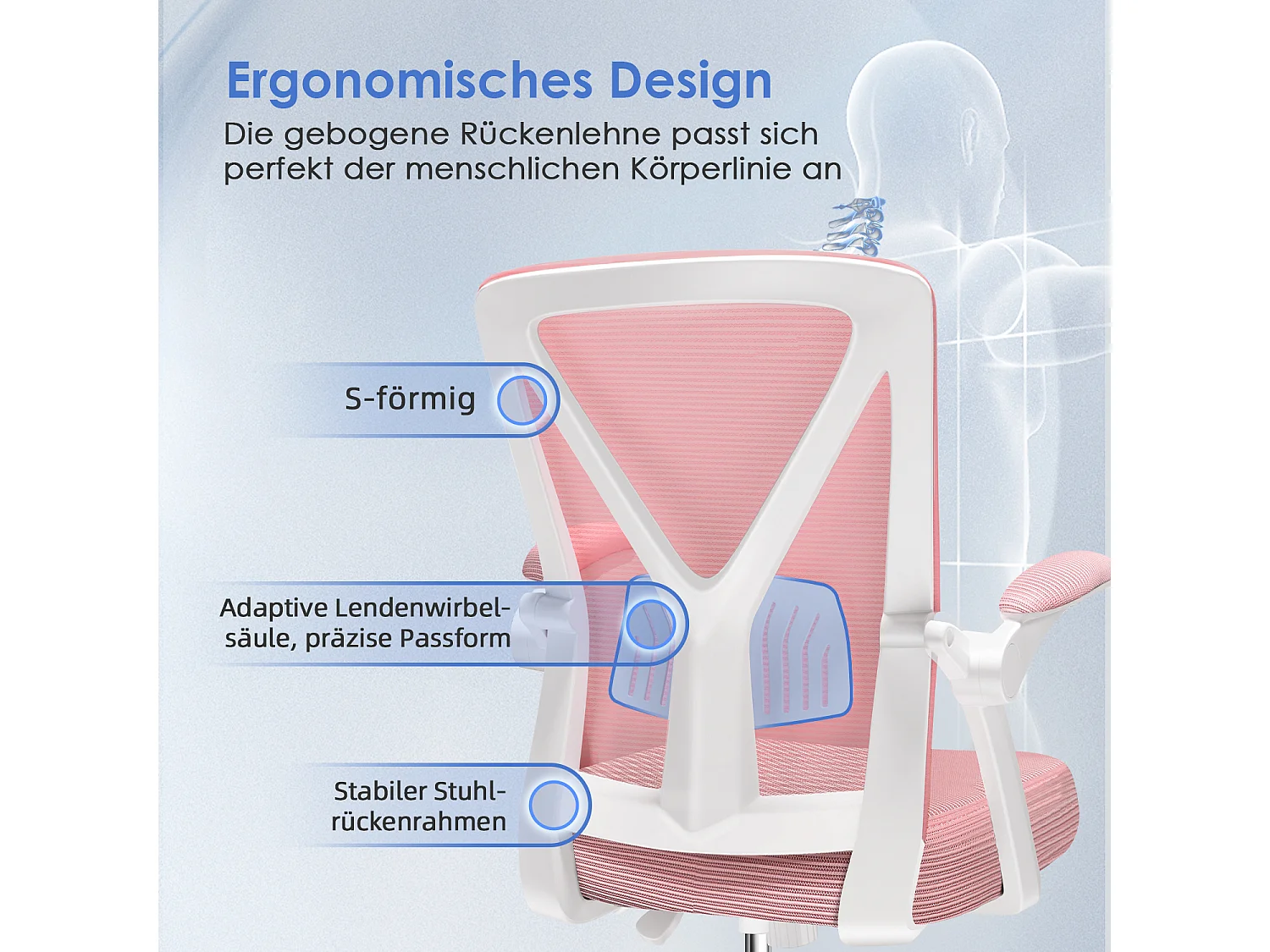 Bürostuhl - Ergonomischer Bürostuhl mit klappbaren Armlehnen - 360° Drehstuhl - Lendenwirbelstütze mit Höhenverstellung - 125° Wippfunktion - 150kg