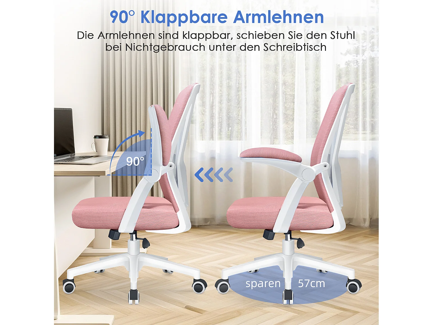 Bürostuhl - Ergonomischer Bürostuhl mit klappbaren Armlehnen - 360° Drehstuhl - Lendenwirbelstütze mit Höhenverstellung - 125° Wippfunktion - 150kg