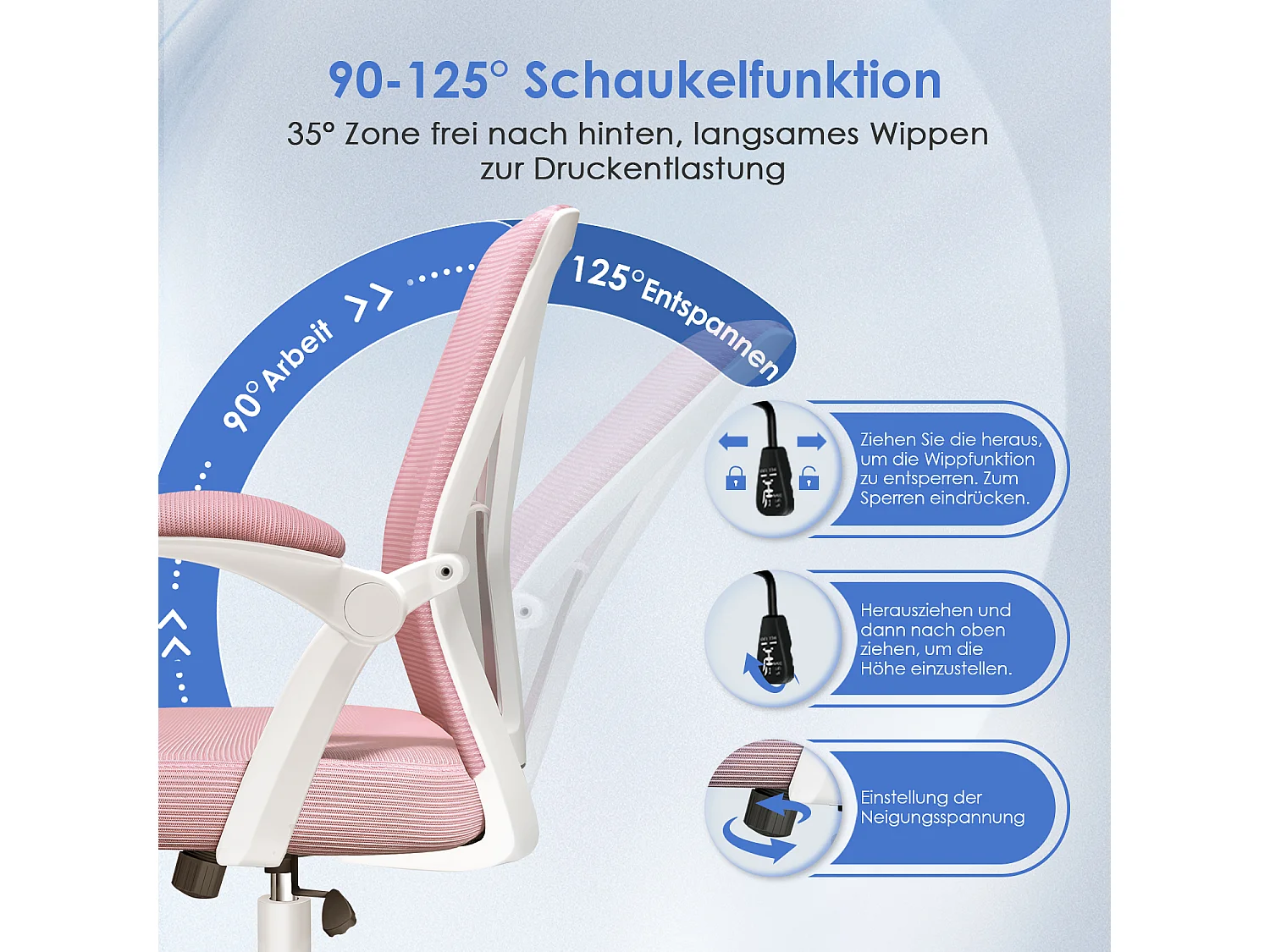 Bürostuhl - Ergonomischer Bürostuhl mit klappbaren Armlehnen - 360° Drehstuhl - Lendenwirbelstütze mit Höhenverstellung - 125° Wippfunktion - 150kg