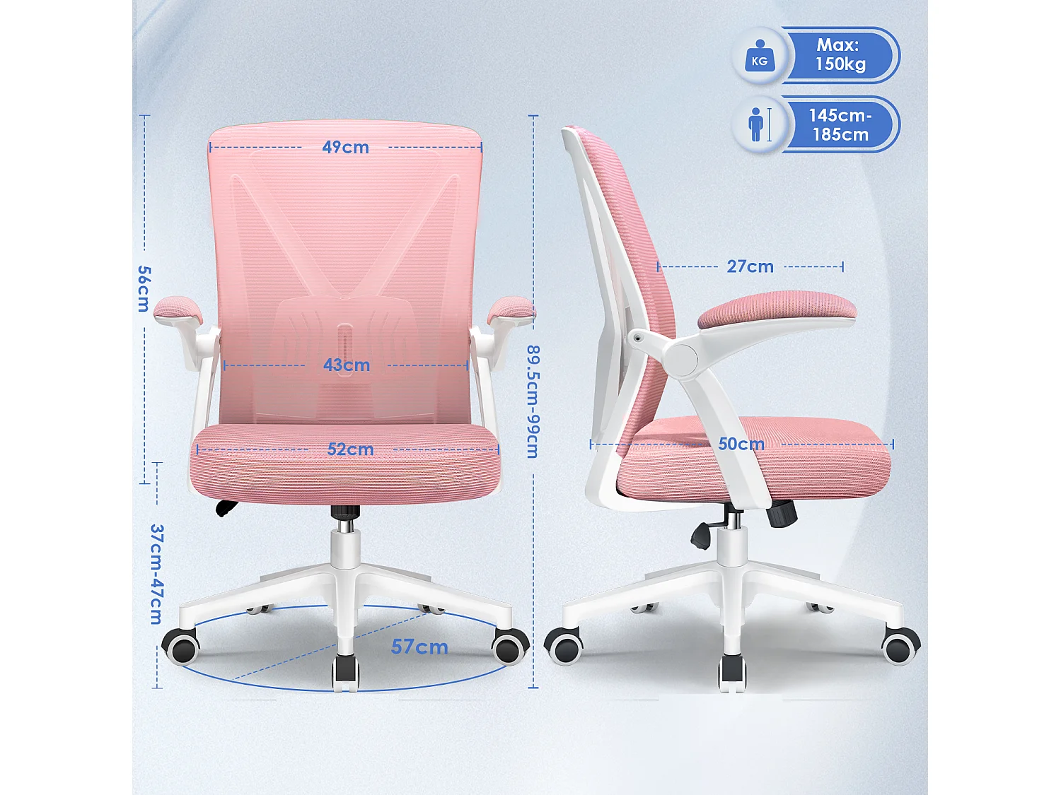 Bürostuhl - Ergonomischer Bürostuhl mit klappbaren Armlehnen - 360° Drehstuhl - Lendenwirbelstütze mit Höhenverstellung - 125° Wippfunktion - 150kg