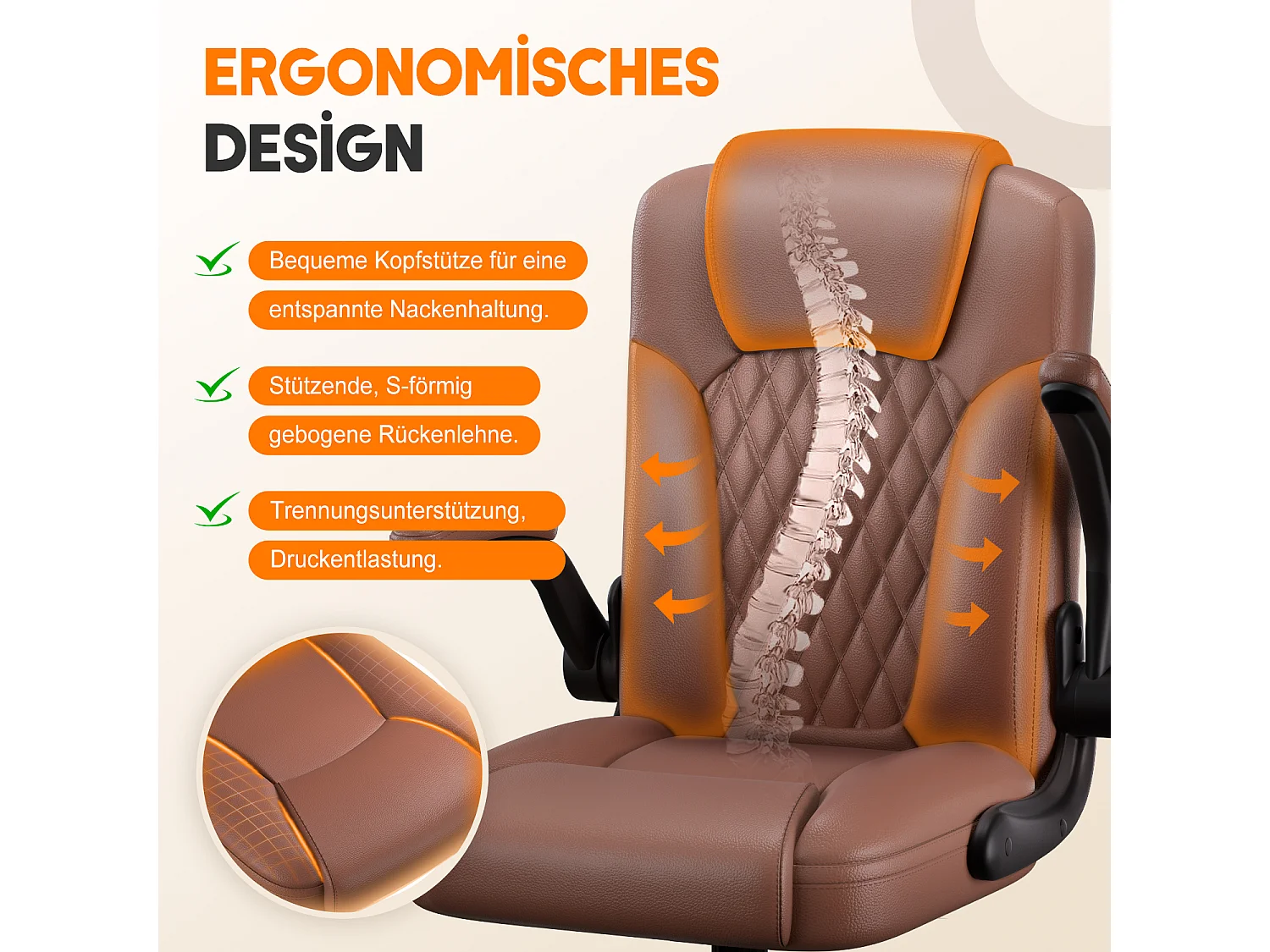 Bürostuhl Ergonomisch - Kunstleder Schreibtischstuhl - 90° Klappbaren Armlehnen - 90-120° Wippfunktion - Lendenwirbelstütze - Schreibstuhl Höhenverstellbar, 150kg