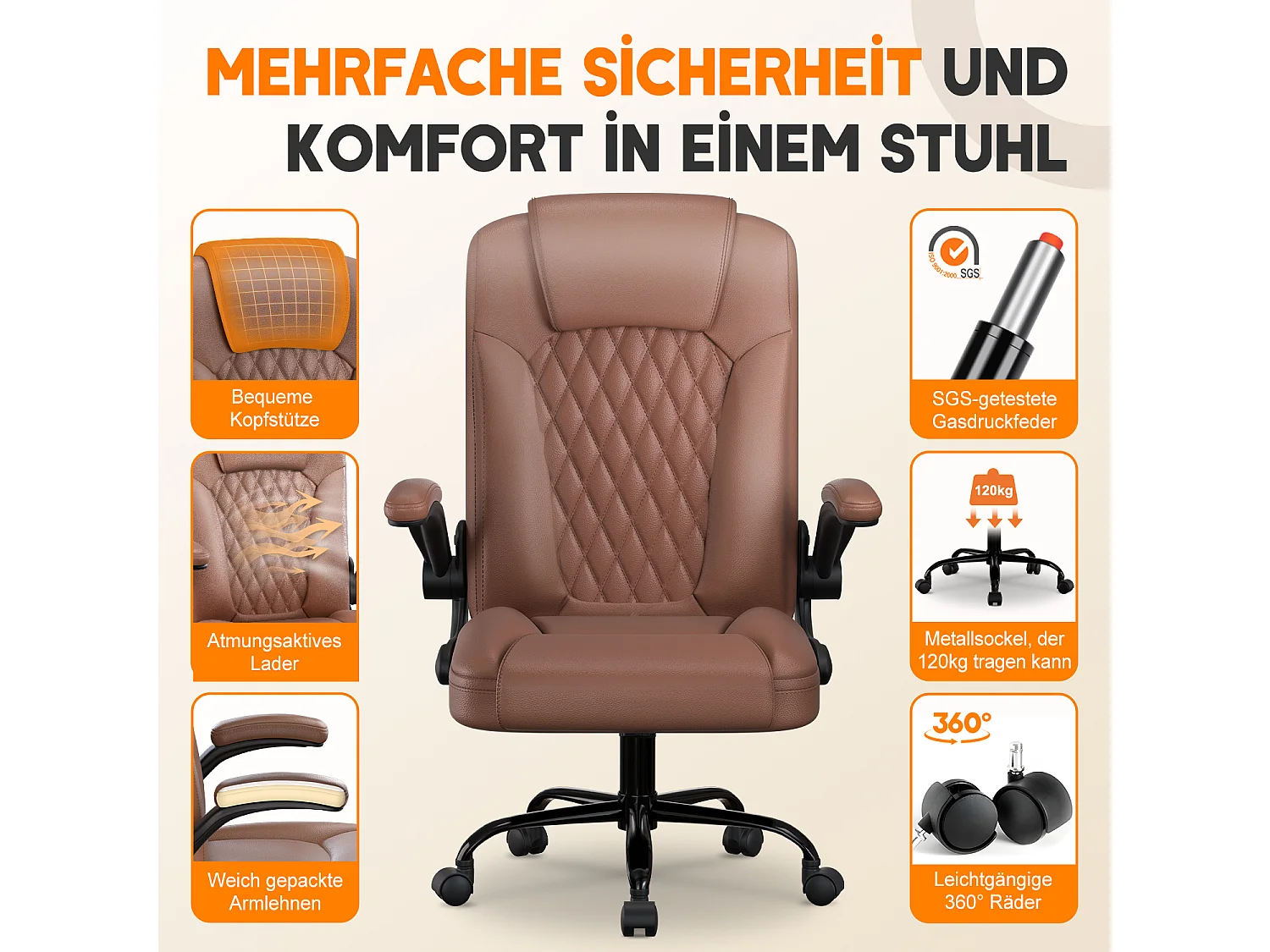 Bürostuhl Ergonomisch - Kunstleder Schreibtischstuhl - 90° Klappbaren Armlehnen - 90-120° Wippfunktion - Lendenwirbelstütze - Schreibstuhl Höhenverstellbar, 150kg