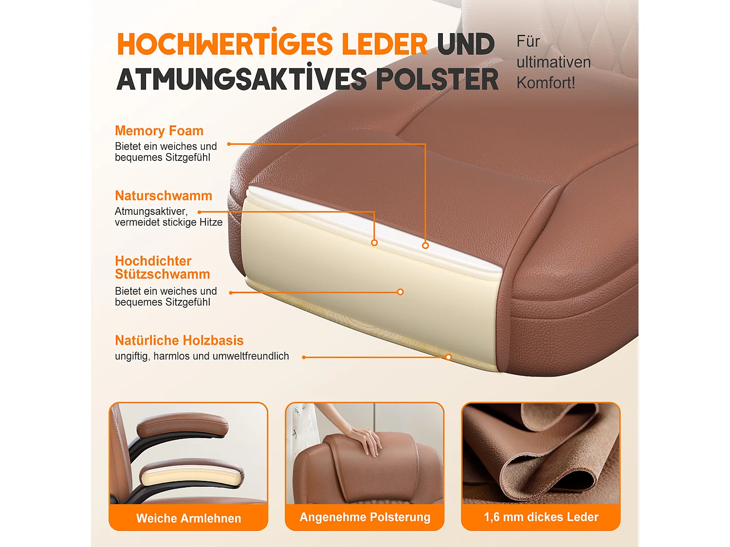 Bürostuhl Ergonomisch - Kunstleder Schreibtischstuhl - 90° Klappbaren Armlehnen - 90-120° Wippfunktion - Lendenwirbelstütze - Schreibstuhl Höhenverstellbar, 150kg