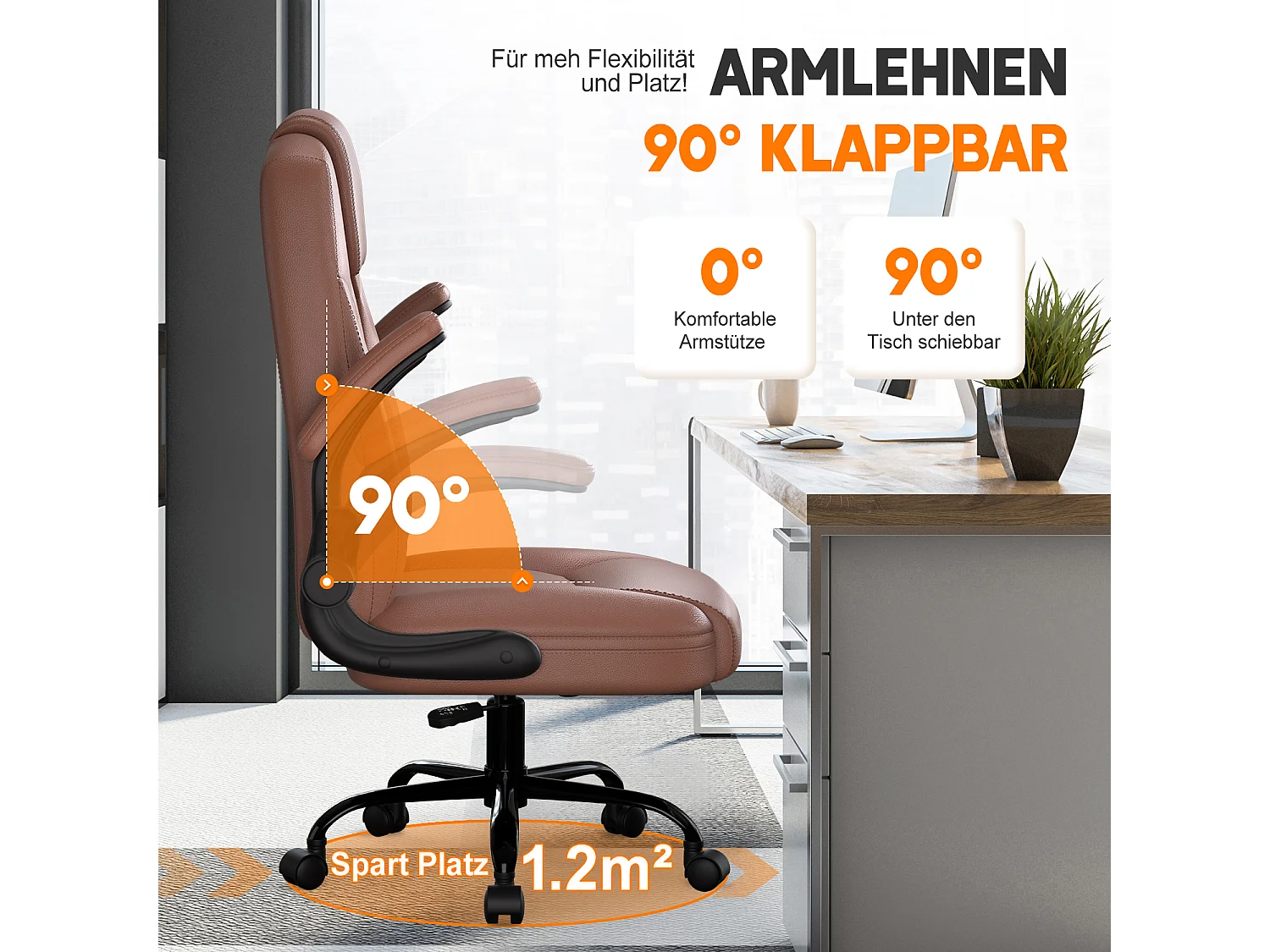 Bürostuhl Ergonomisch - Kunstleder Schreibtischstuhl - 90° Klappbaren Armlehnen - 90-120° Wippfunktion - Lendenwirbelstütze - Schreibstuhl Höhenverstellbar, 150kg