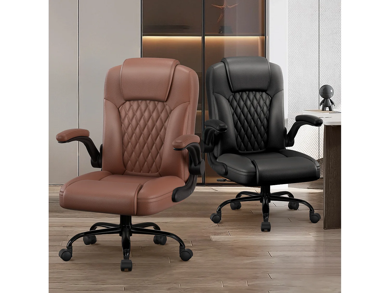 Bürostuhl Ergonomisch - Kunstleder Schreibtischstuhl - 90° Klappbaren Armlehnen - 90-120° Wippfunktion - Lendenwirbelstütze - Schreibstuhl Höhenverstellbar, 150kg