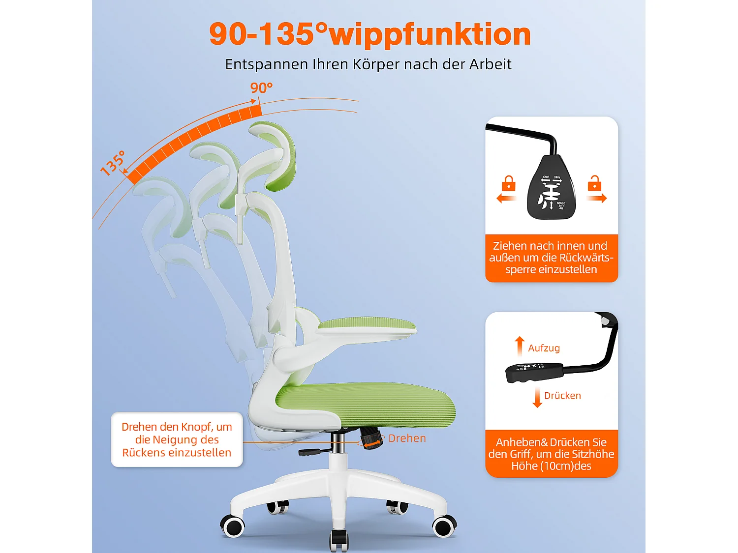 Bürostuhl - Ergonomisch Bürostuhl - Verstellbarer Kopfstütze - Klappbare Armlehnen - Lendenwirbelstütze - Höhenverstellbarer - maximaler Neigung von 135° - 150 kg