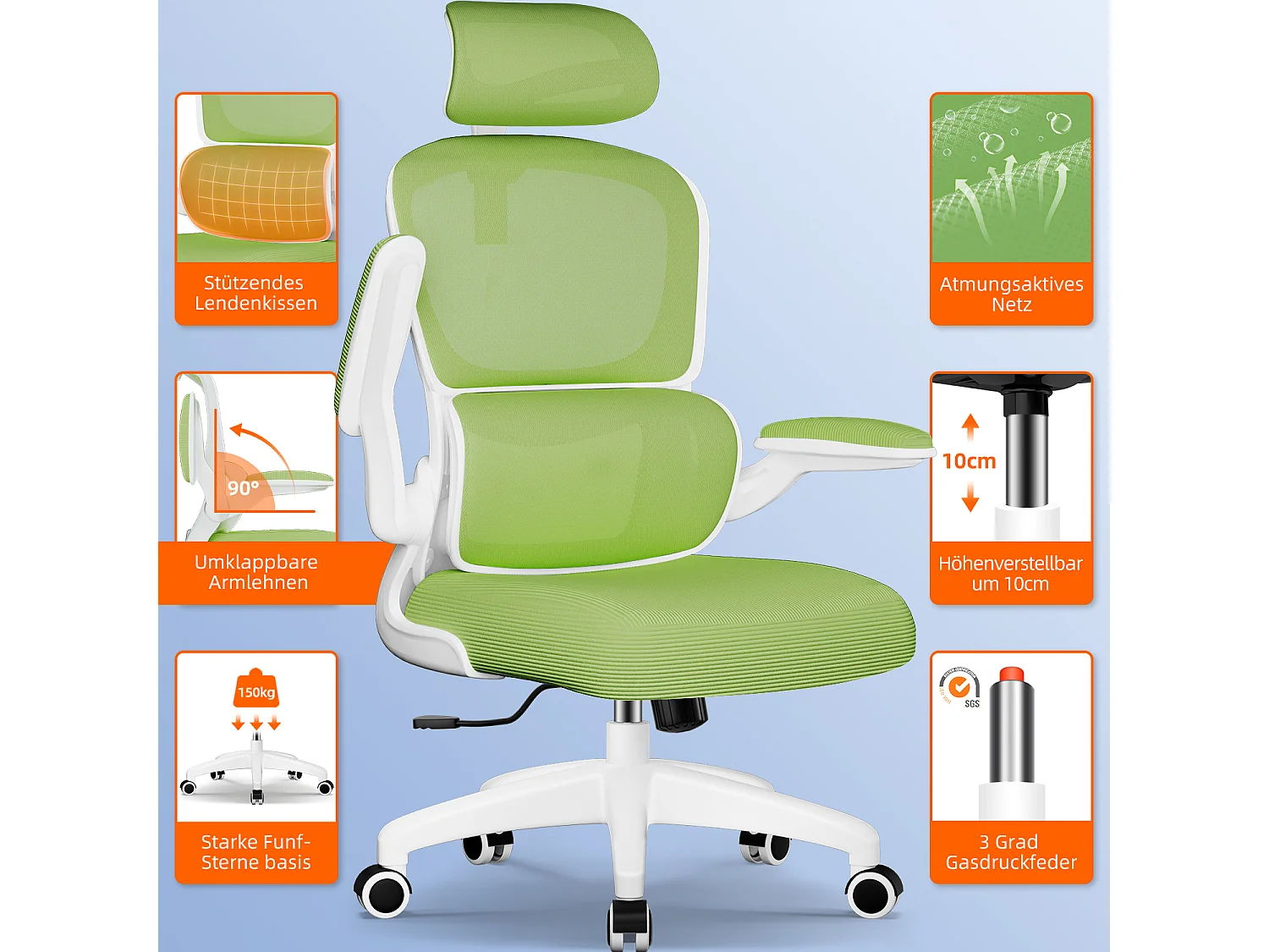 Bürostuhl - Ergonomisch Bürostuhl - Verstellbarer Kopfstütze - Klappbare Armlehnen - Lendenwirbelstütze - Höhenverstellbarer - maximaler Neigung von 135° - 150 kg