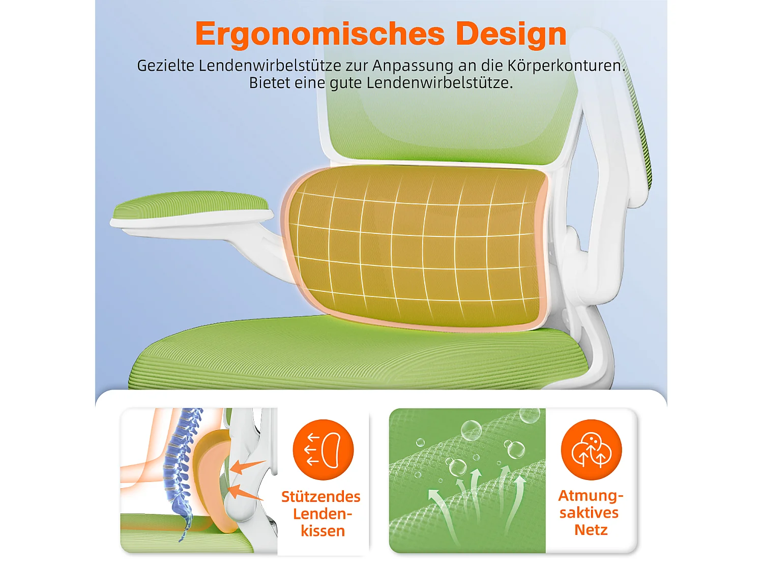 Bürostuhl - Ergonomisch Bürostuhl - Verstellbarer Kopfstütze - Klappbare Armlehnen - Lendenwirbelstütze - Höhenverstellbarer - maximaler Neigung von 135° - 150 kg
