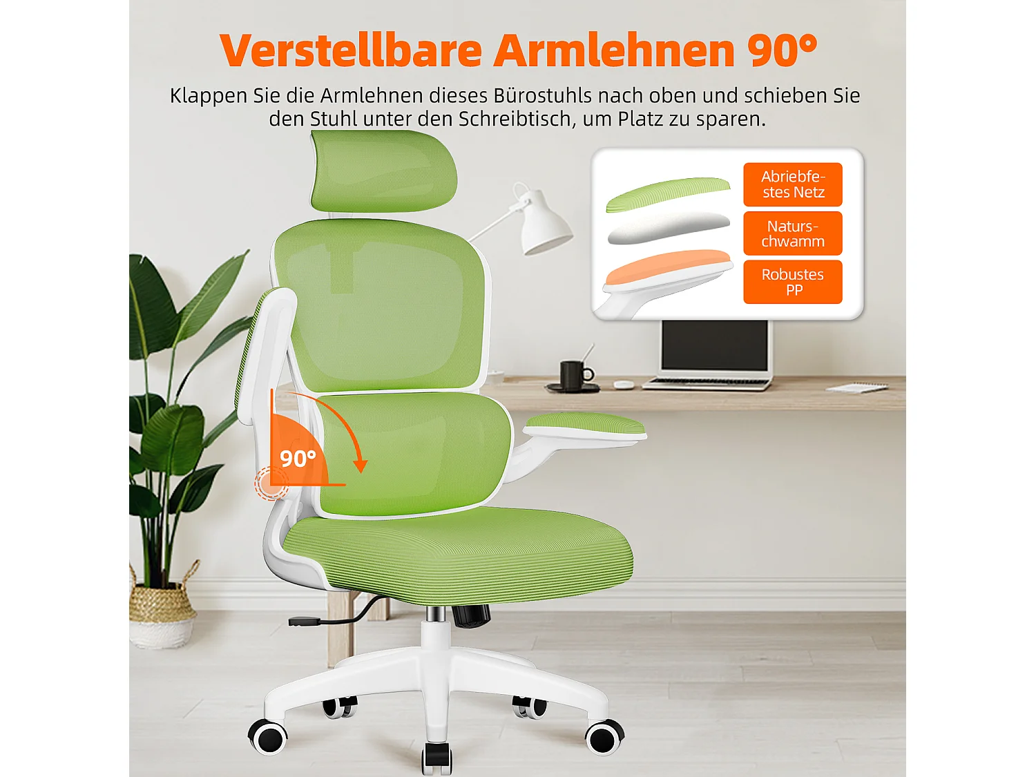Bürostuhl - Ergonomisch Bürostuhl - Verstellbarer Kopfstütze - Klappbare Armlehnen - Lendenwirbelstütze - Höhenverstellbarer - maximaler Neigung von 135° - 150 kg