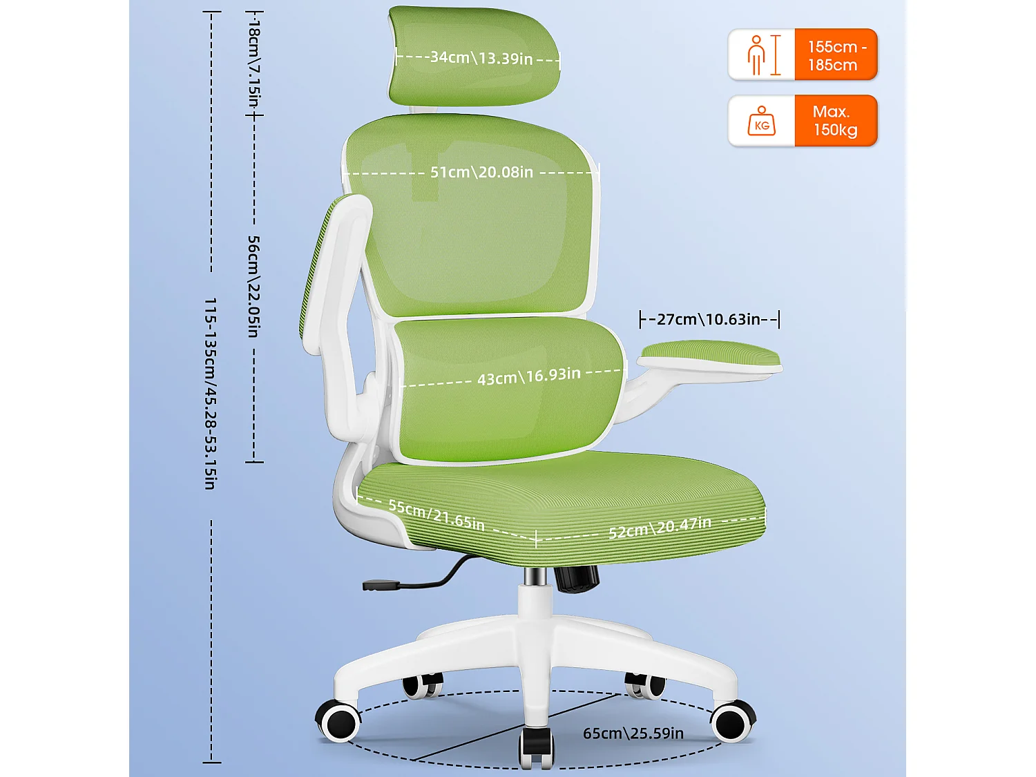 Bürostuhl - Ergonomisch Bürostuhl - Verstellbarer Kopfstütze - Klappbare Armlehnen - Lendenwirbelstütze - Höhenverstellbarer - maximaler Neigung von 135° - 150 kg