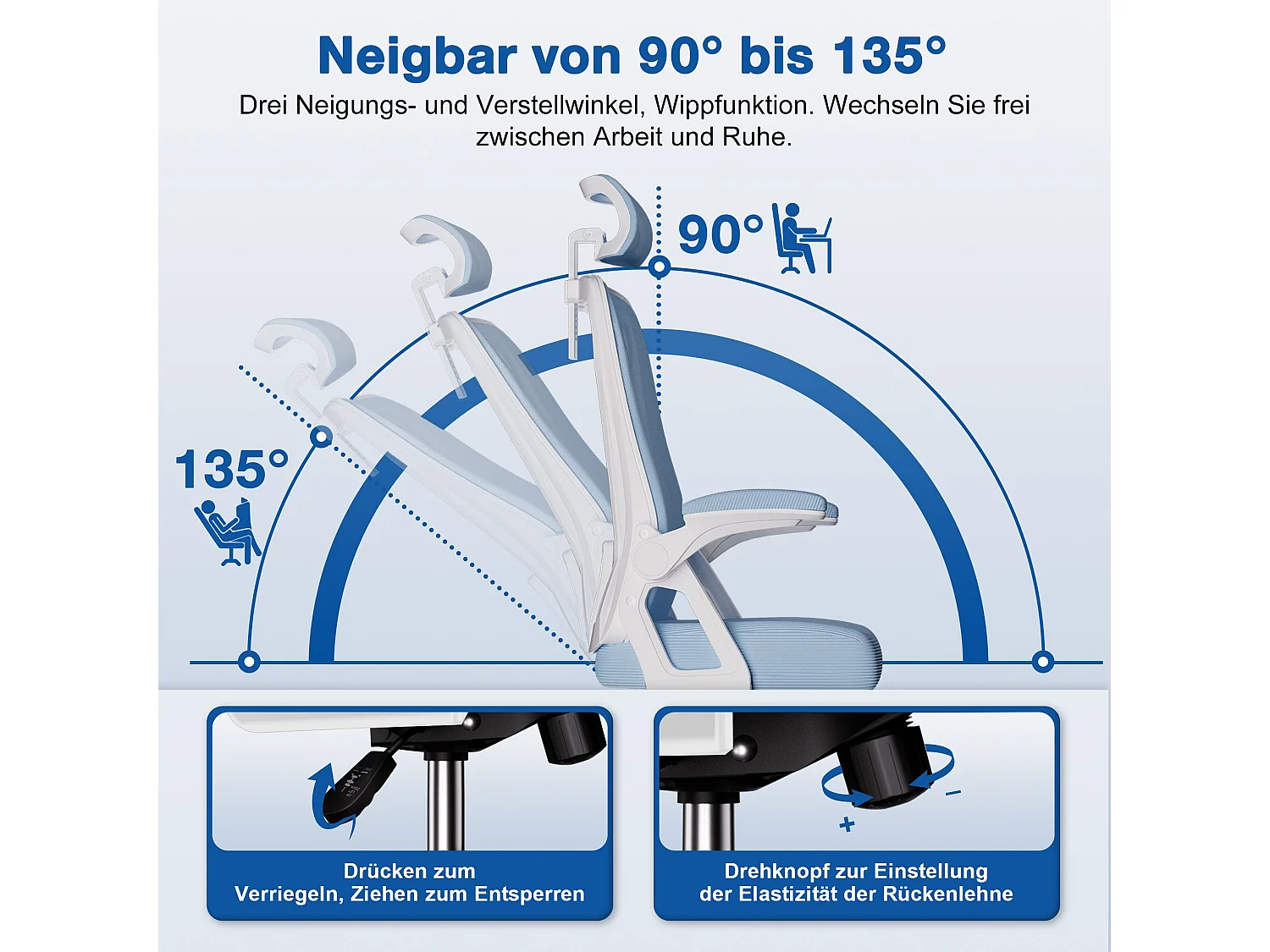 Bürostuhl - Drehbarer ergonomischer Bürostuhl - Mit verstellbarer Kopfstütze und Rückenlehne  - Atmungsaktiver Bürostuhl - 150kg - Netz-Wippfunktion - Managerstuhl