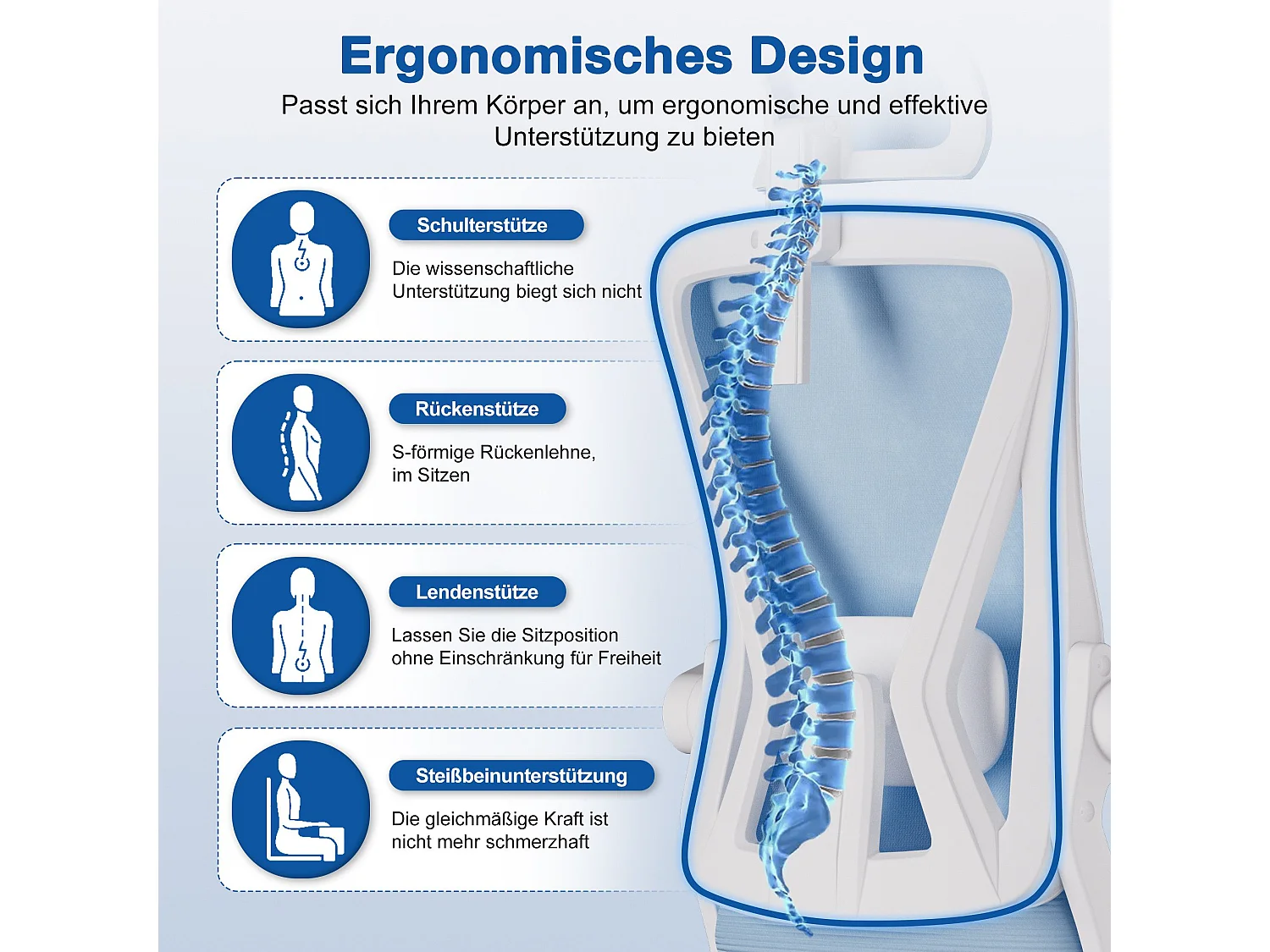 Bürostuhl - Drehbarer ergonomischer Bürostuhl - Mit verstellbarer Kopfstütze und Rückenlehne  - Atmungsaktiver Bürostuhl - 150kg - Netz-Wippfunktion - Managerstuhl