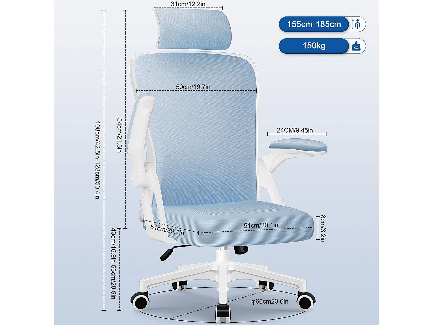 Bürostuhl - Drehbarer ergonomischer Bürostuhl - Mit verstellbarer Kopfstütze und Rückenlehne  - Atmungsaktiver Bürostuhl - 150kg - Netz-Wippfunktion - Managerstuhl