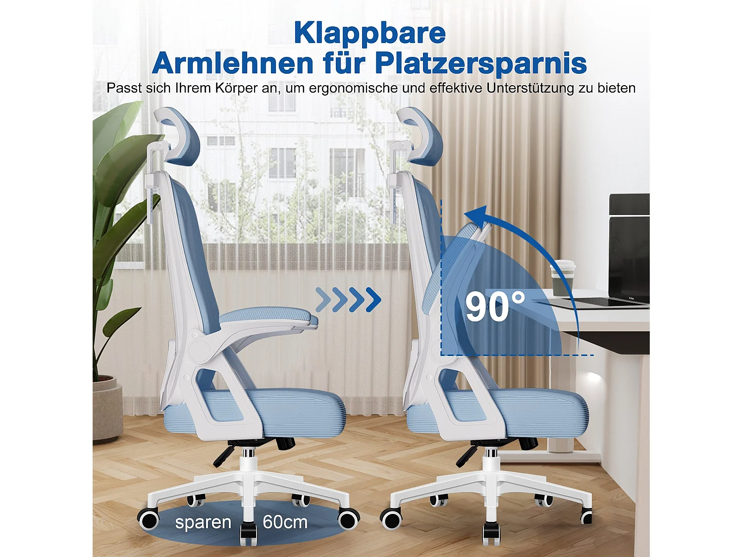 Bürostuhl - Drehbarer ergonomischer Bürostuhl - Mit verstellbarer Kopfstütze und Rückenlehne  - Atmungsaktiver Bürostuhl - 150kg - Netz-Wippfunktion - Managerstuhl