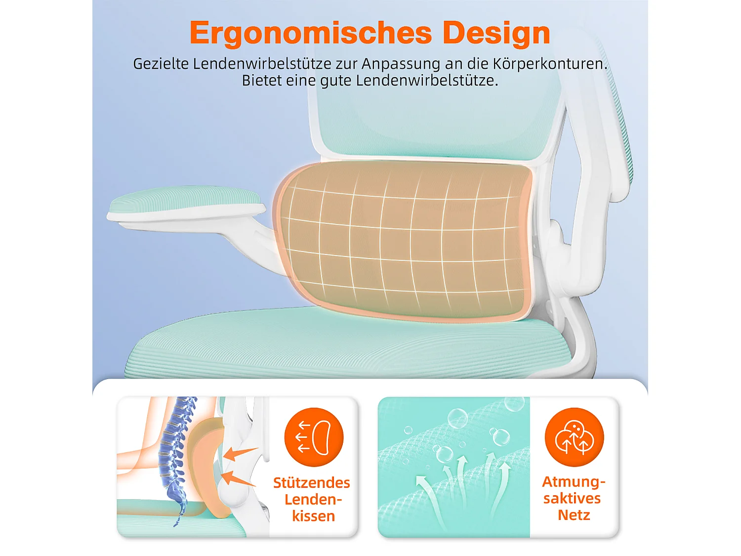 Bürostuhl - Ergonomisch Bürostuhl - Verstellbarer Kopfstütze - Klappbare Armlehnen - Lendenwirbelstütze - Höhenverstellbarer - maximaler Neigung von 135° - 150 kg
