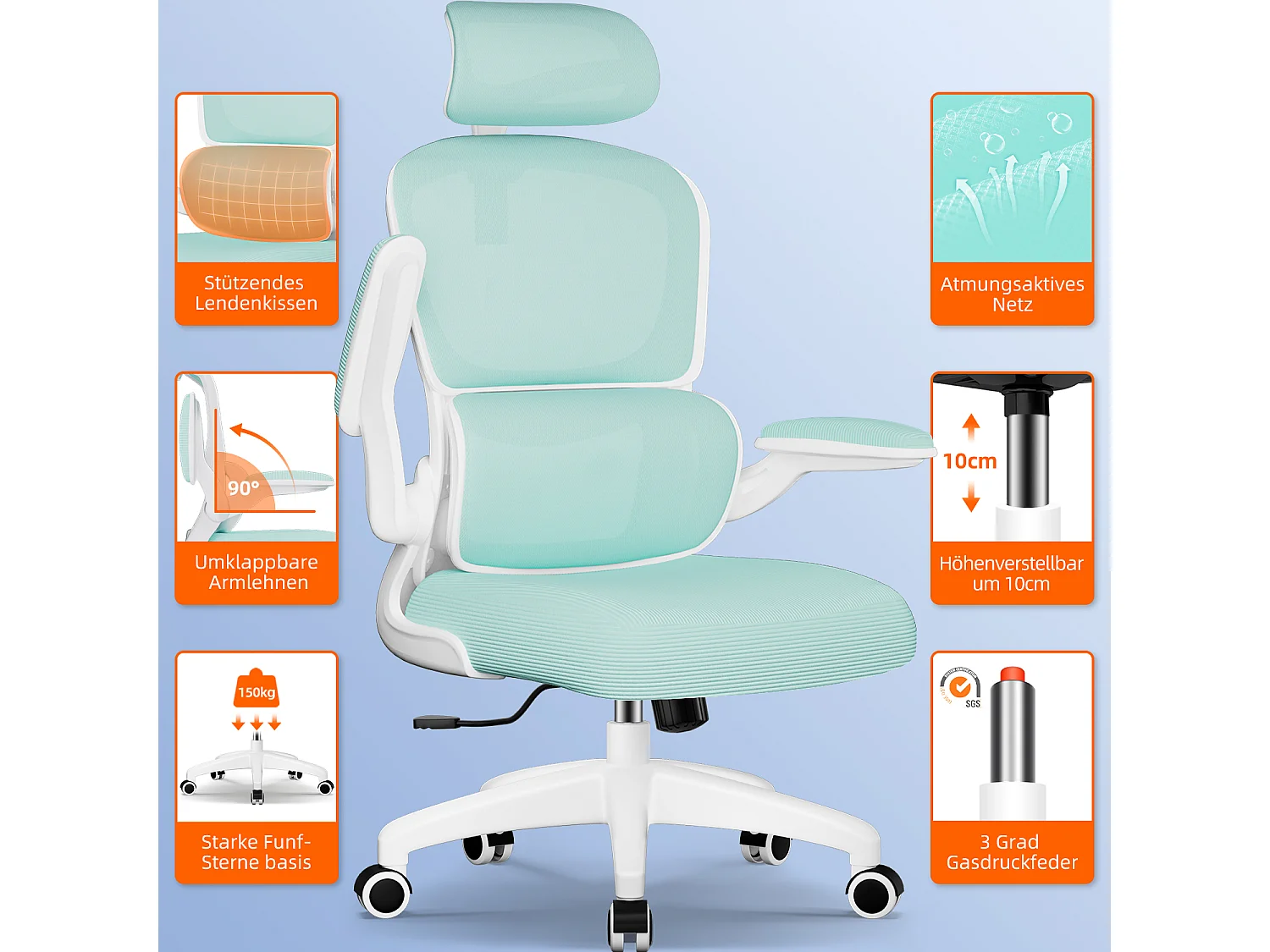 Bürostuhl - Ergonomisch Bürostuhl - Verstellbarer Kopfstütze - Klappbare Armlehnen - Lendenwirbelstütze - Höhenverstellbarer - maximaler Neigung von 135° - 150 kg