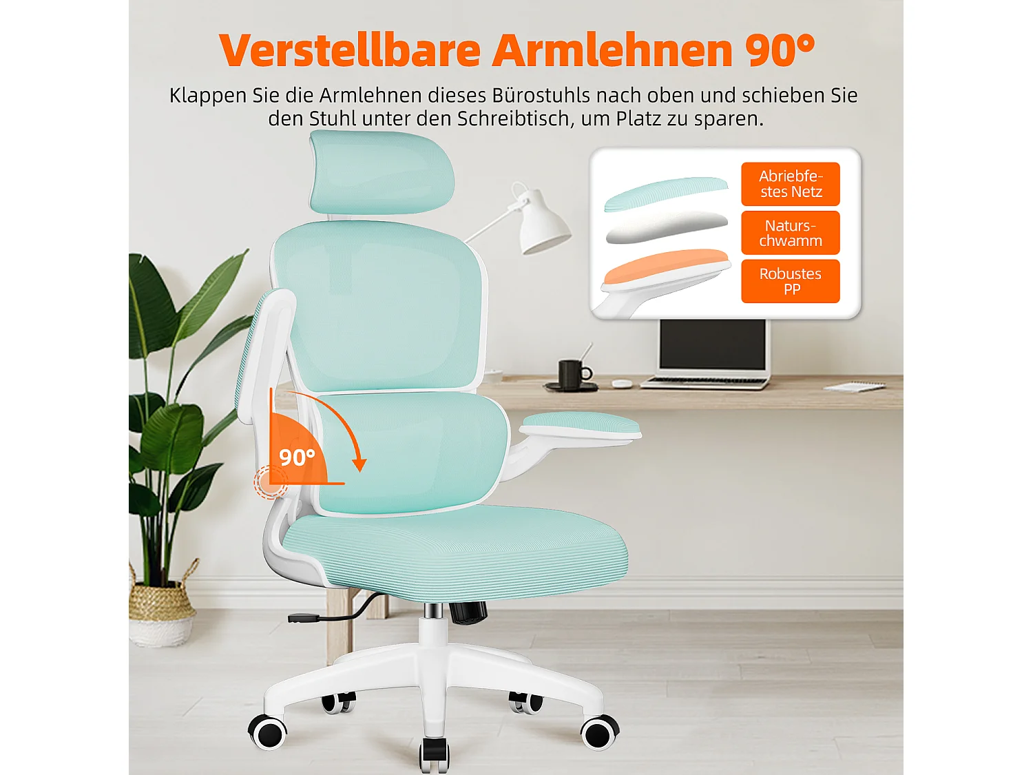 Bürostuhl - Ergonomisch Bürostuhl - Verstellbarer Kopfstütze - Klappbare Armlehnen - Lendenwirbelstütze - Höhenverstellbarer - maximaler Neigung von 135° - 150 kg