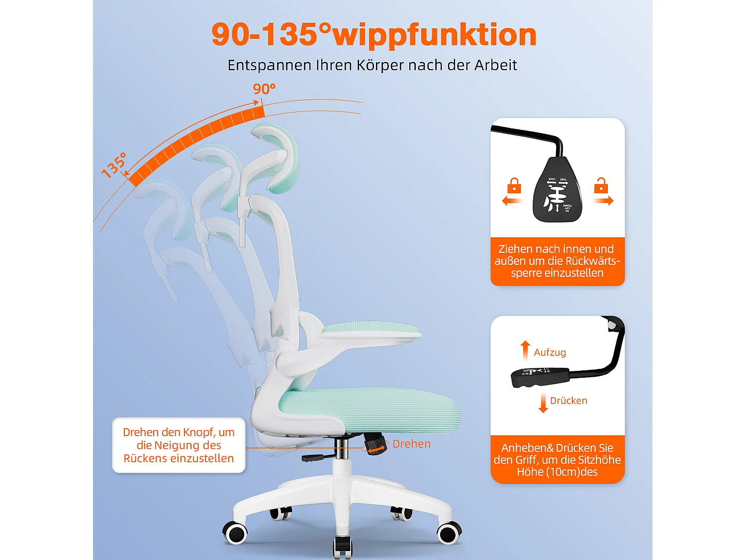 Bürostuhl - Ergonomisch Bürostuhl - Verstellbarer Kopfstütze - Klappbare Armlehnen - Lendenwirbelstütze - Höhenverstellbarer - maximaler Neigung von 135° - 150 kg