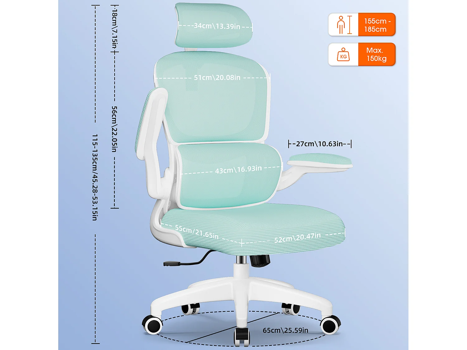 Bürostuhl - Ergonomisch Bürostuhl - Verstellbarer Kopfstütze - Klappbare Armlehnen - Lendenwirbelstütze - Höhenverstellbarer - maximaler Neigung von 135° - 150 kg