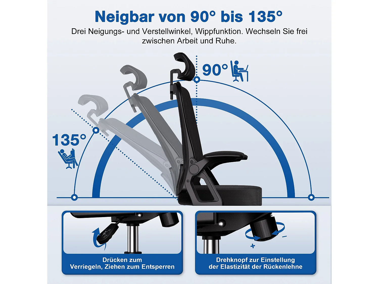 Bürostuhl - Drehbarer ergonomischer Bürostuhl - Mit verstellbarer Kopfstütze und Rückenlehne  - Atmungsaktiver Bürostuhl - 150kg - Netz-Wippfunktion - Managerstuhl