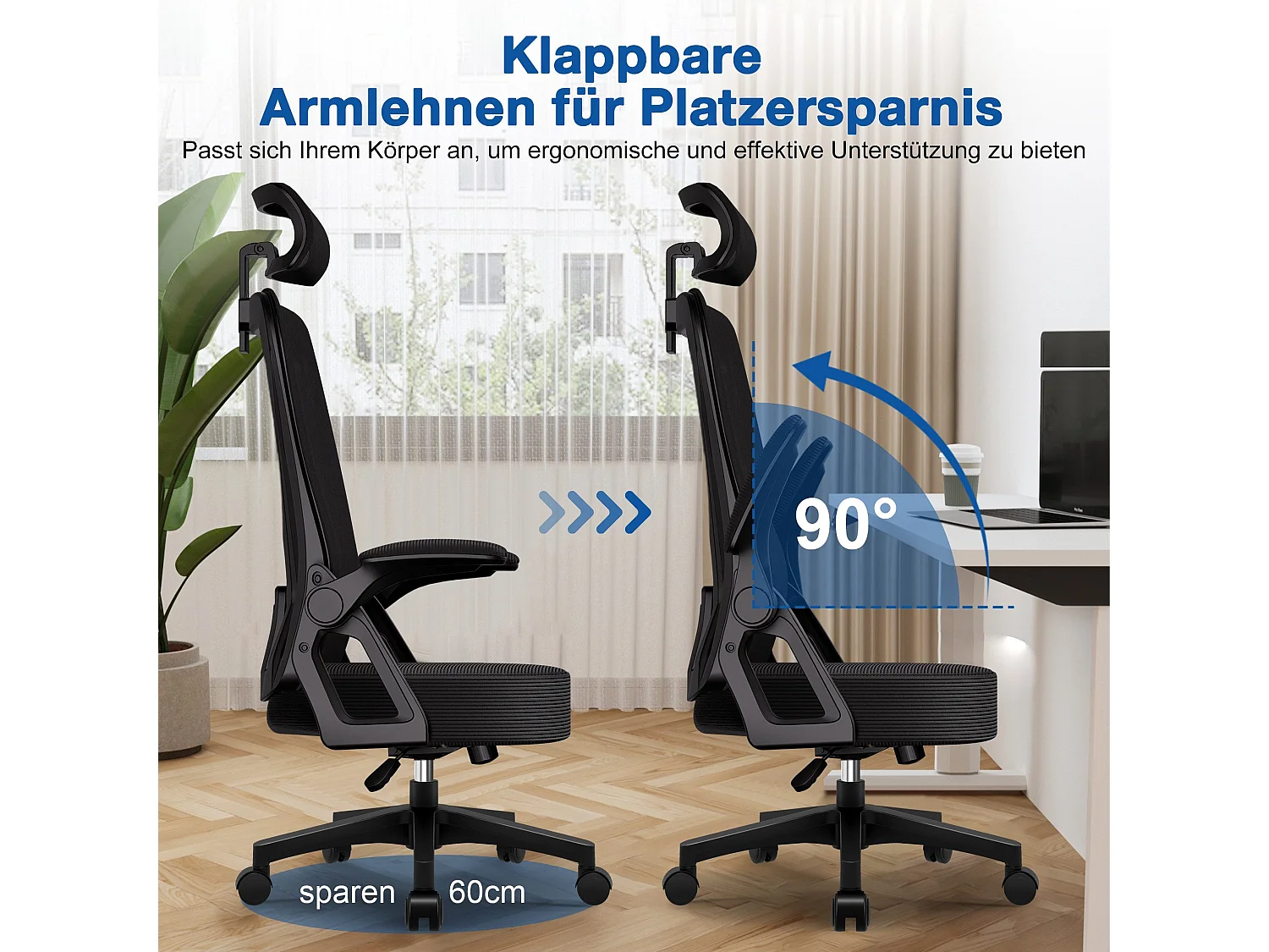 Bürostuhl - Drehbarer ergonomischer Bürostuhl - Mit verstellbarer Kopfstütze und Rückenlehne  - Atmungsaktiver Bürostuhl - 150kg - Netz-Wippfunktion - Managerstuhl