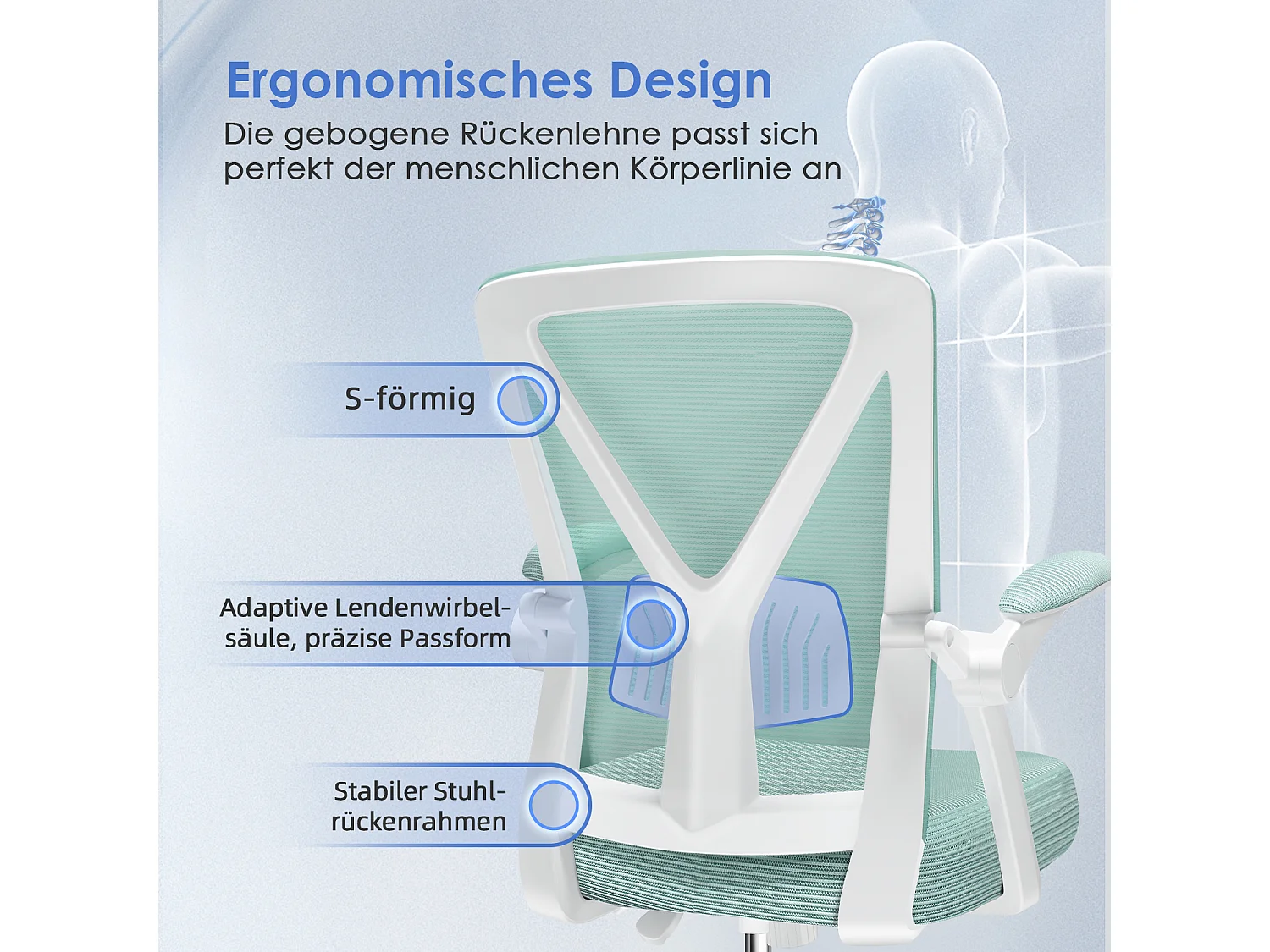 Bürostuhl - Ergonomischer Bürostuhl mit klappbaren Armlehnen - 360° Drehstuhl - Lendenwirbelstütze mit Höhenverstellung - 125° Wippfunktion - 150kg