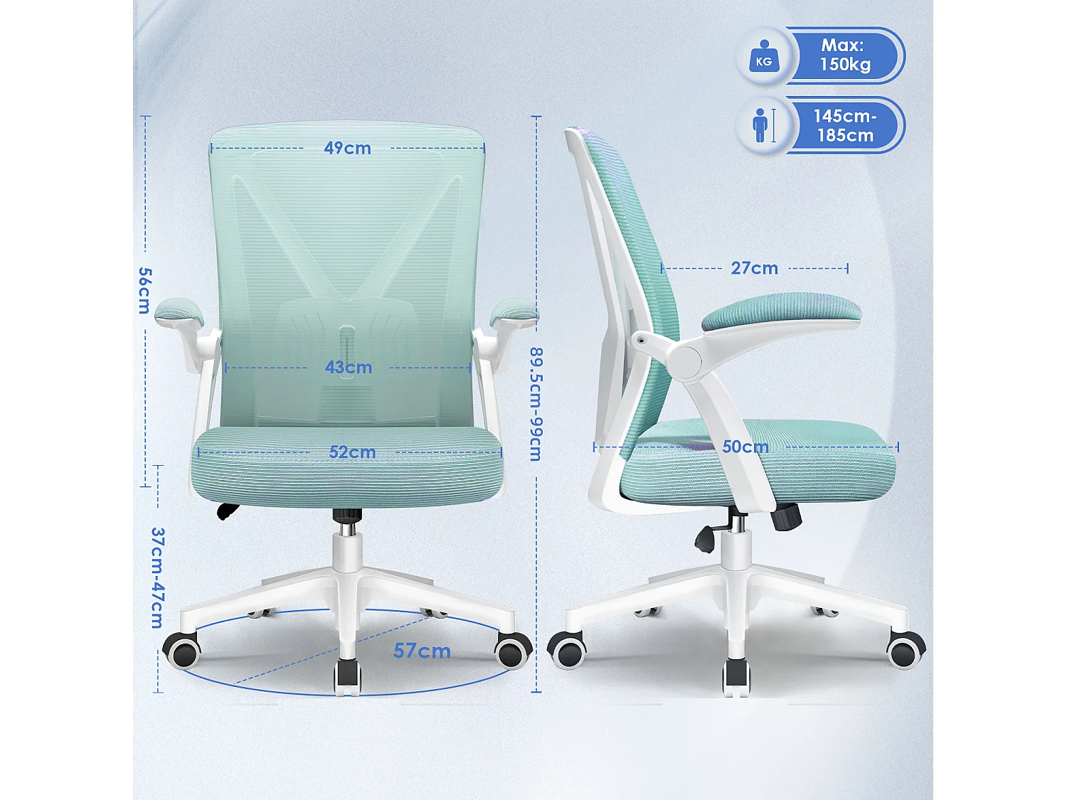 Bürostuhl - Ergonomischer Bürostuhl mit klappbaren Armlehnen - 360° Drehstuhl - Lendenwirbelstütze mit Höhenverstellung - 125° Wippfunktion - 150kg