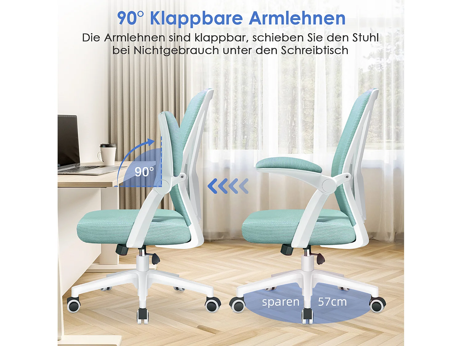 Bürostuhl - Ergonomischer Bürostuhl mit klappbaren Armlehnen - 360° Drehstuhl - Lendenwirbelstütze mit Höhenverstellung - 125° Wippfunktion - 150kg