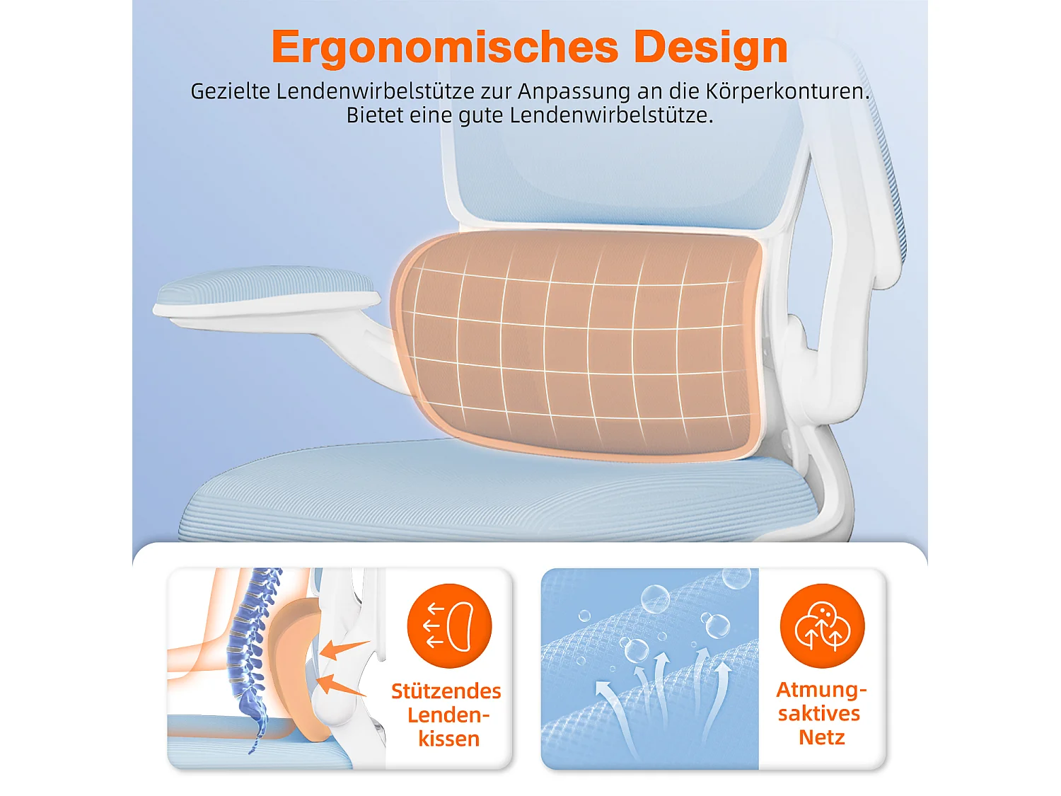 Bürostuhl - Ergonomisch Bürostuhl - Verstellbarer Kopfstütze - Klappbare Armlehnen - Lendenwirbelstütze - Höhenverstellbarer - maximaler Neigung von 135° - 150 kg