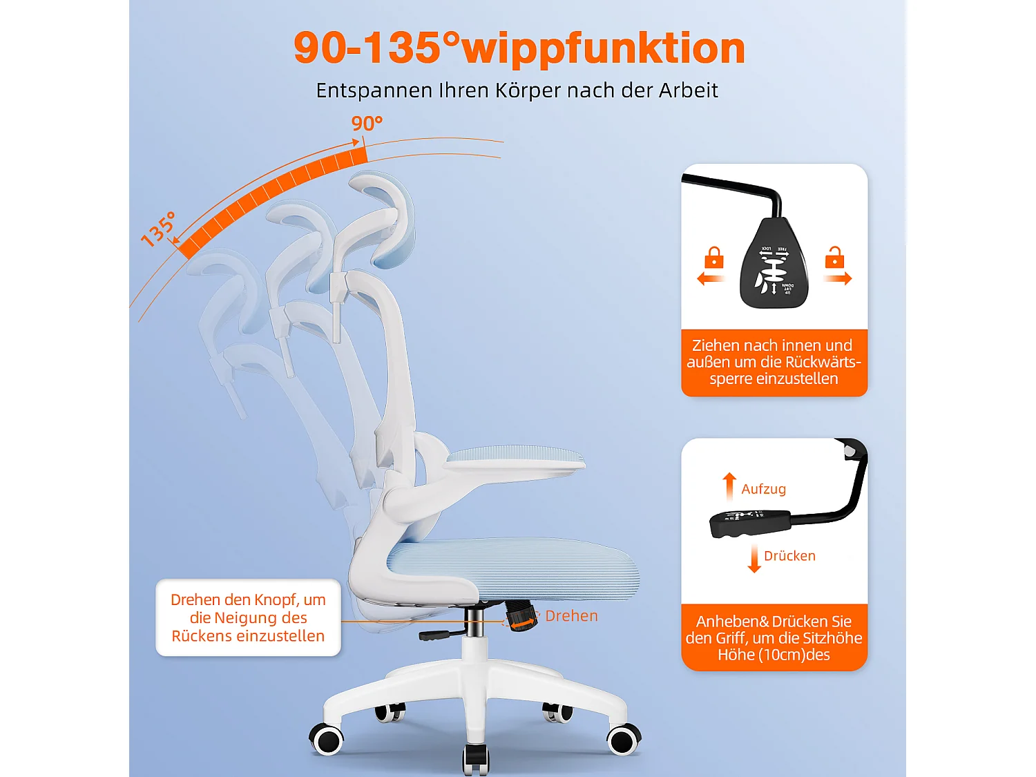 Bürostuhl - Ergonomisch Bürostuhl - Verstellbarer Kopfstütze - Klappbare Armlehnen - Lendenwirbelstütze - Höhenverstellbarer - maximaler Neigung von 135° - 150 kg