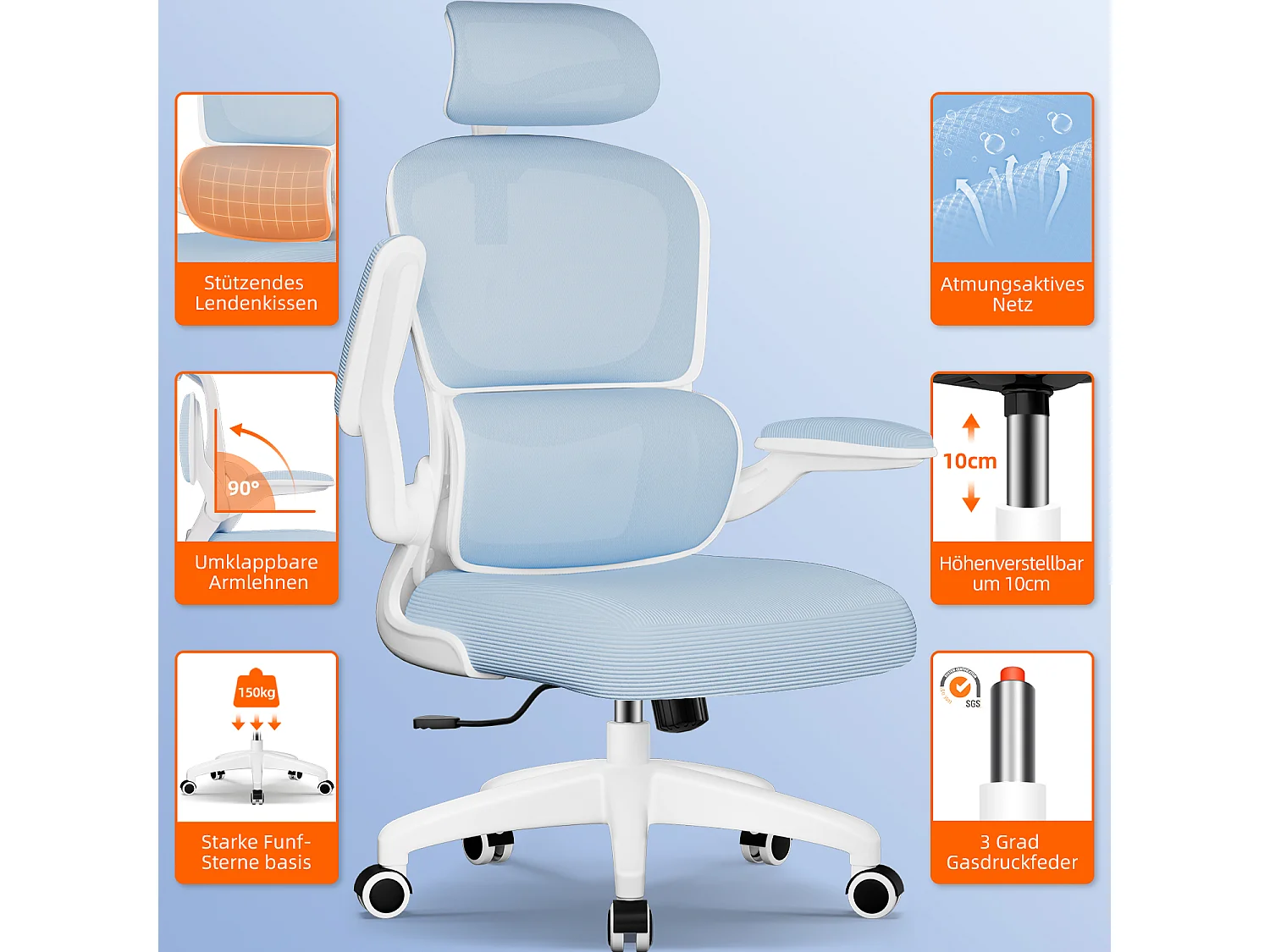 Bürostuhl - Ergonomisch Bürostuhl - Verstellbarer Kopfstütze - Klappbare Armlehnen - Lendenwirbelstütze - Höhenverstellbarer - maximaler Neigung von 135° - 150 kg