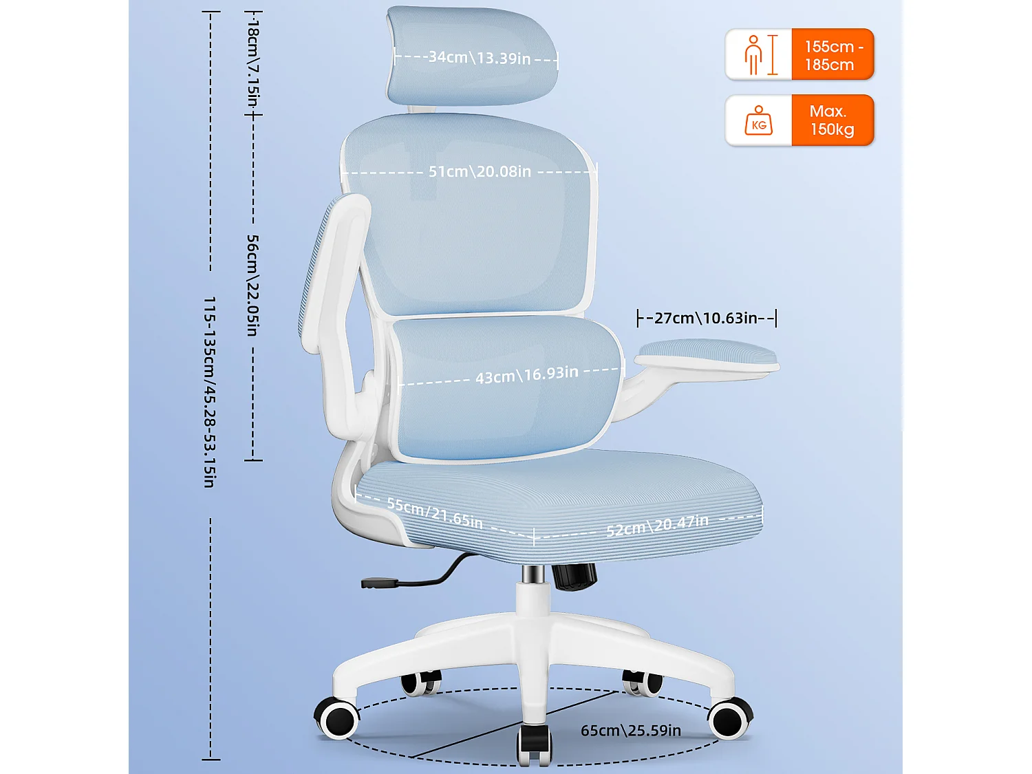 Bürostuhl - Ergonomisch Bürostuhl - Verstellbarer Kopfstütze - Klappbare Armlehnen - Lendenwirbelstütze - Höhenverstellbarer - maximaler Neigung von 135° - 150 kg