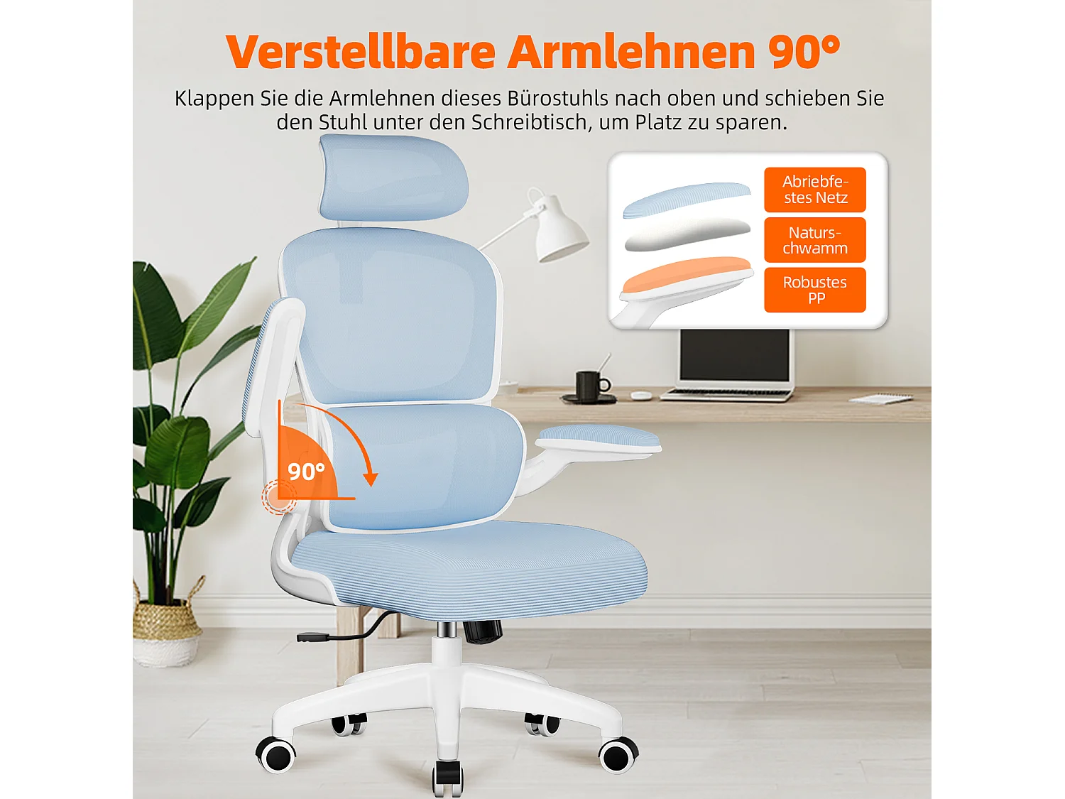 Bürostuhl - Ergonomisch Bürostuhl - Verstellbarer Kopfstütze - Klappbare Armlehnen - Lendenwirbelstütze - Höhenverstellbarer - maximaler Neigung von 135° - 150 kg