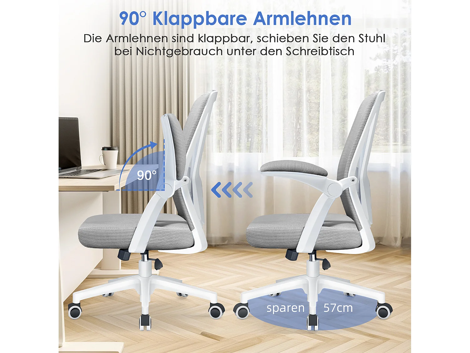 Bürostuhl - Ergonomischer Bürostuhl mit klappbaren Armlehnen - 360° Drehstuhl - Lendenwirbelstütze mit Höhenverstellung - 125° Wippfunktion - 150kg