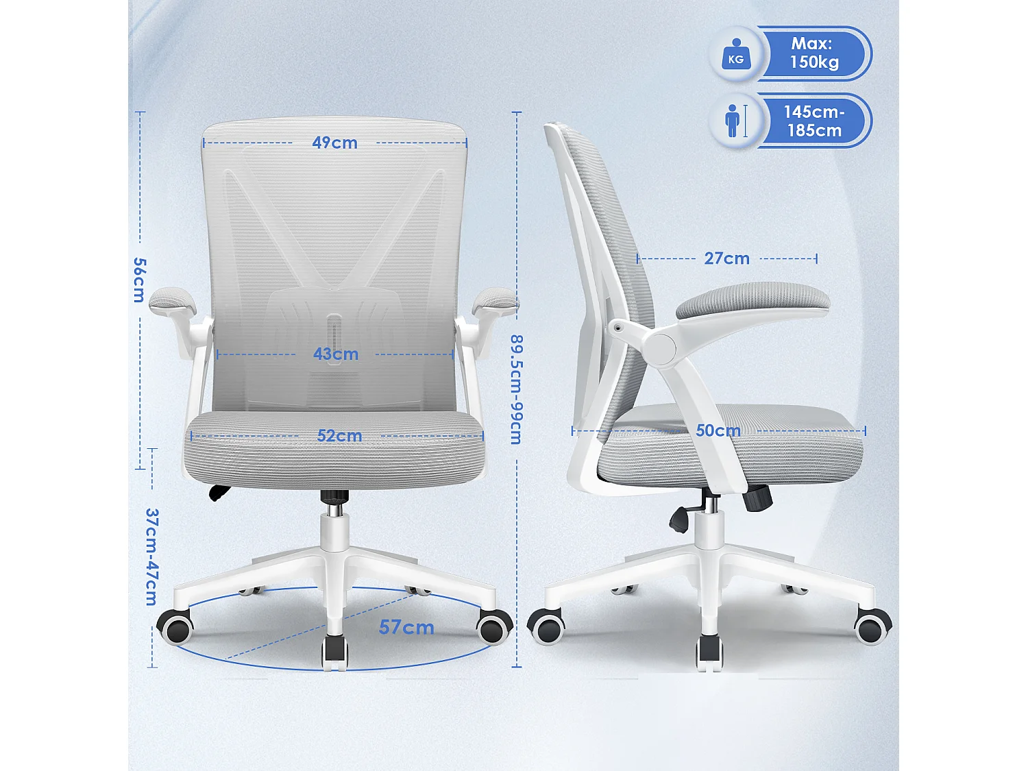 Bürostuhl - Ergonomischer Bürostuhl mit klappbaren Armlehnen - 360° Drehstuhl - Lendenwirbelstütze mit Höhenverstellung - 125° Wippfunktion - 150kg