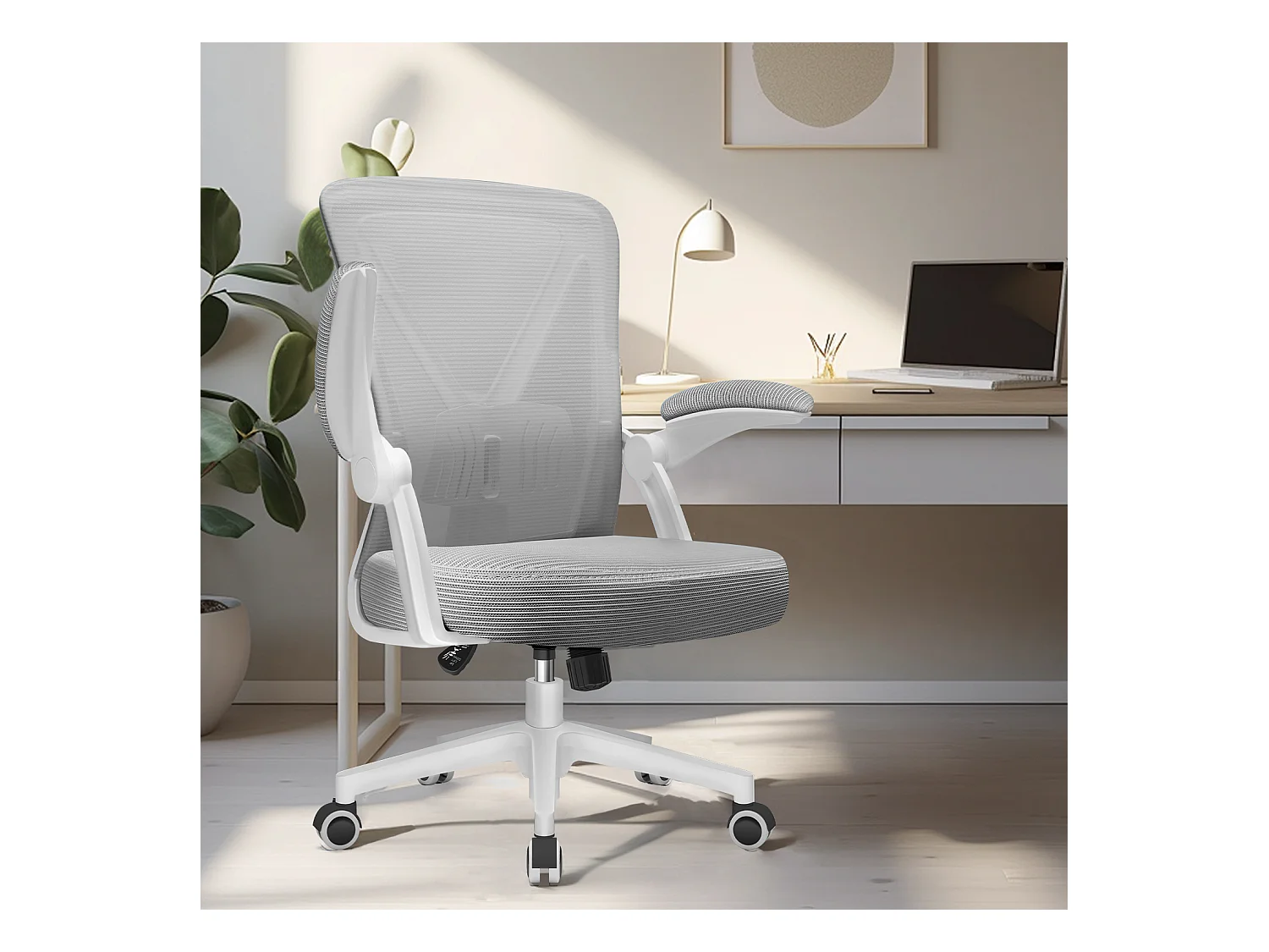 Bürostuhl - Ergonomischer Bürostuhl mit klappbaren Armlehnen - 360° Drehstuhl - Lendenwirbelstütze mit Höhenverstellung - 125° Wippfunktion - 150kg
