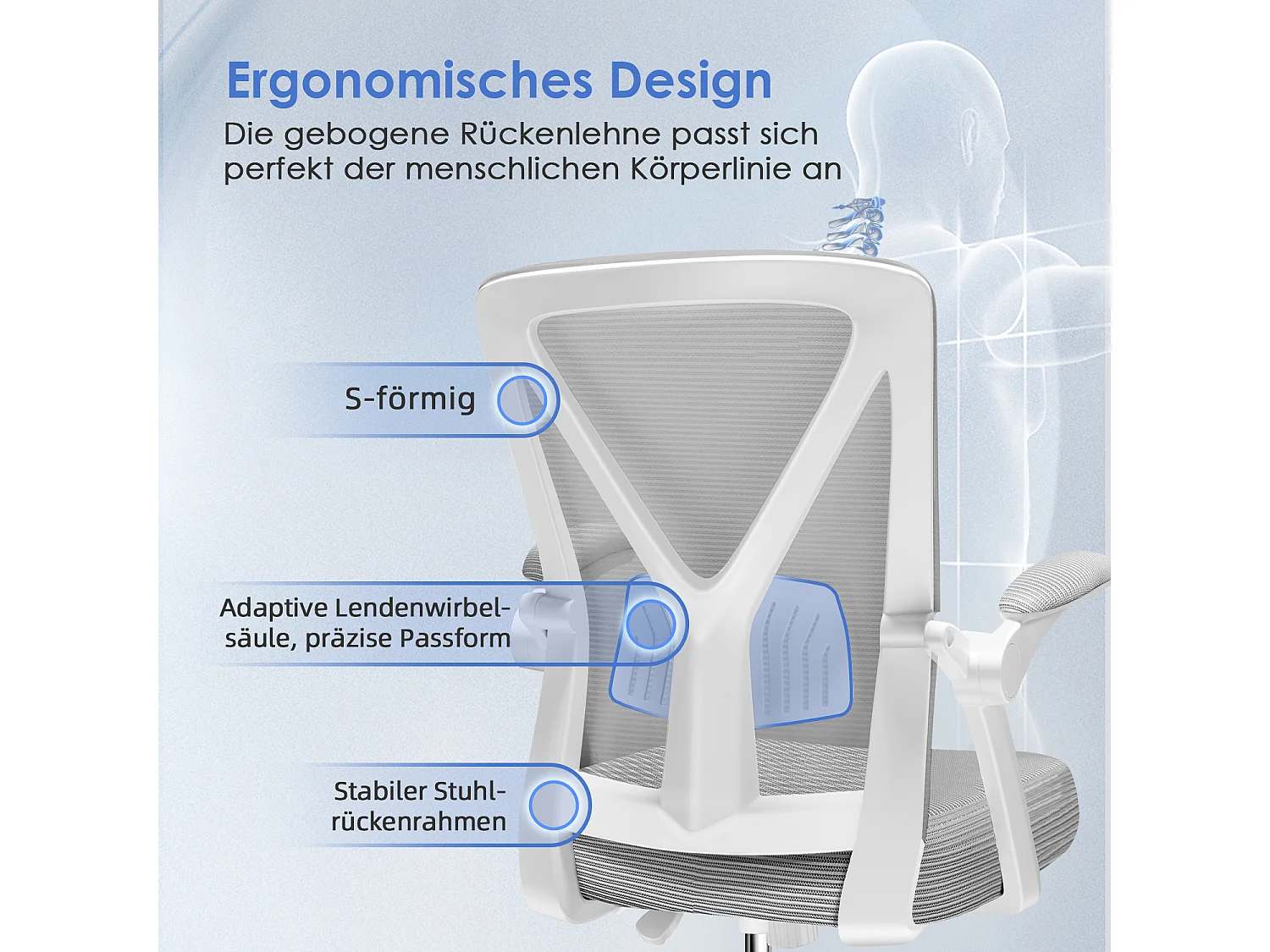 Bürostuhl - Ergonomischer Bürostuhl mit klappbaren Armlehnen - 360° Drehstuhl - Lendenwirbelstütze mit Höhenverstellung - 125° Wippfunktion - 150kg