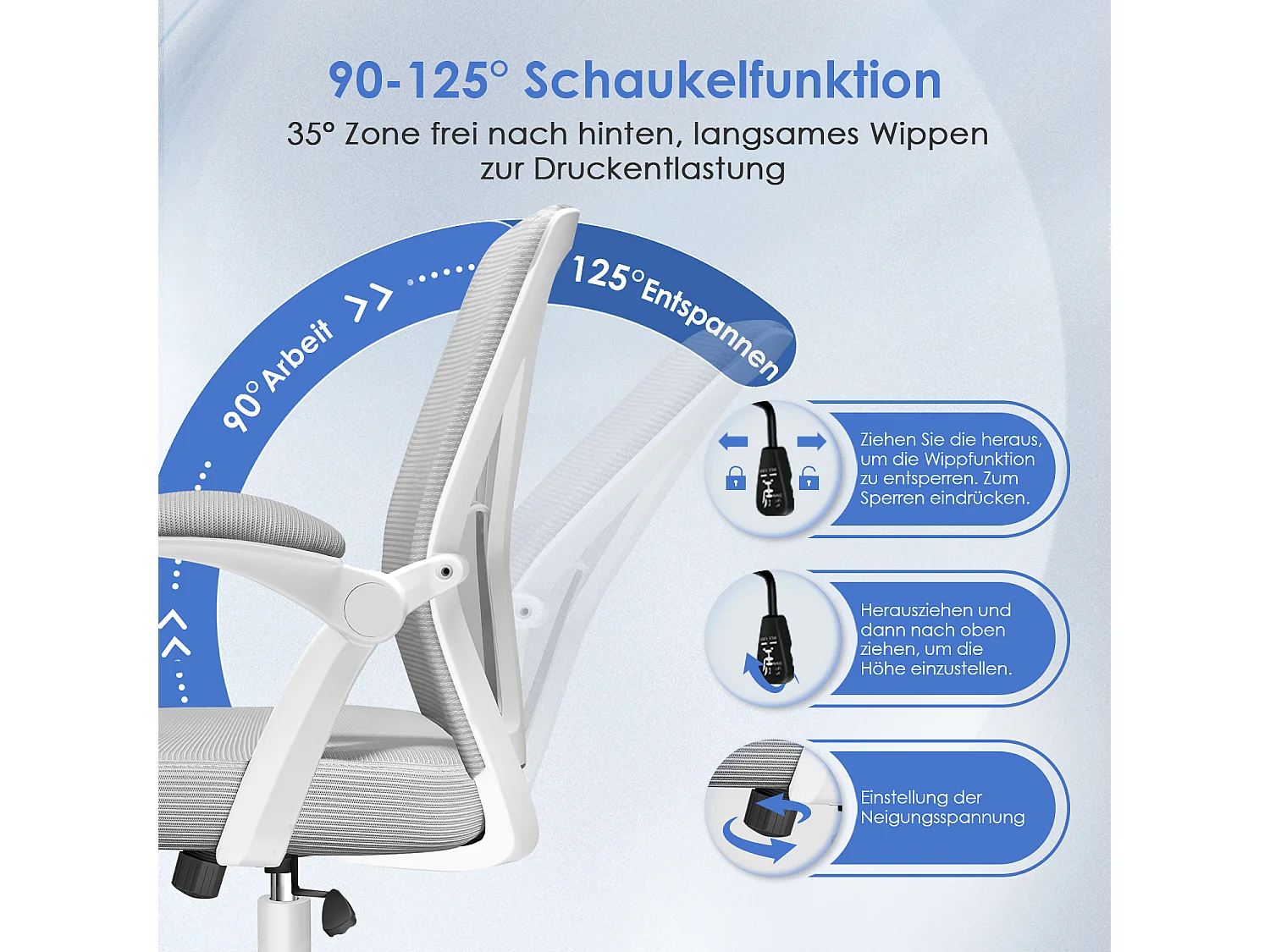 Bürostuhl - Ergonomischer Bürostuhl mit klappbaren Armlehnen - 360° Drehstuhl - Lendenwirbelstütze mit Höhenverstellung - 125° Wippfunktion - 150kg