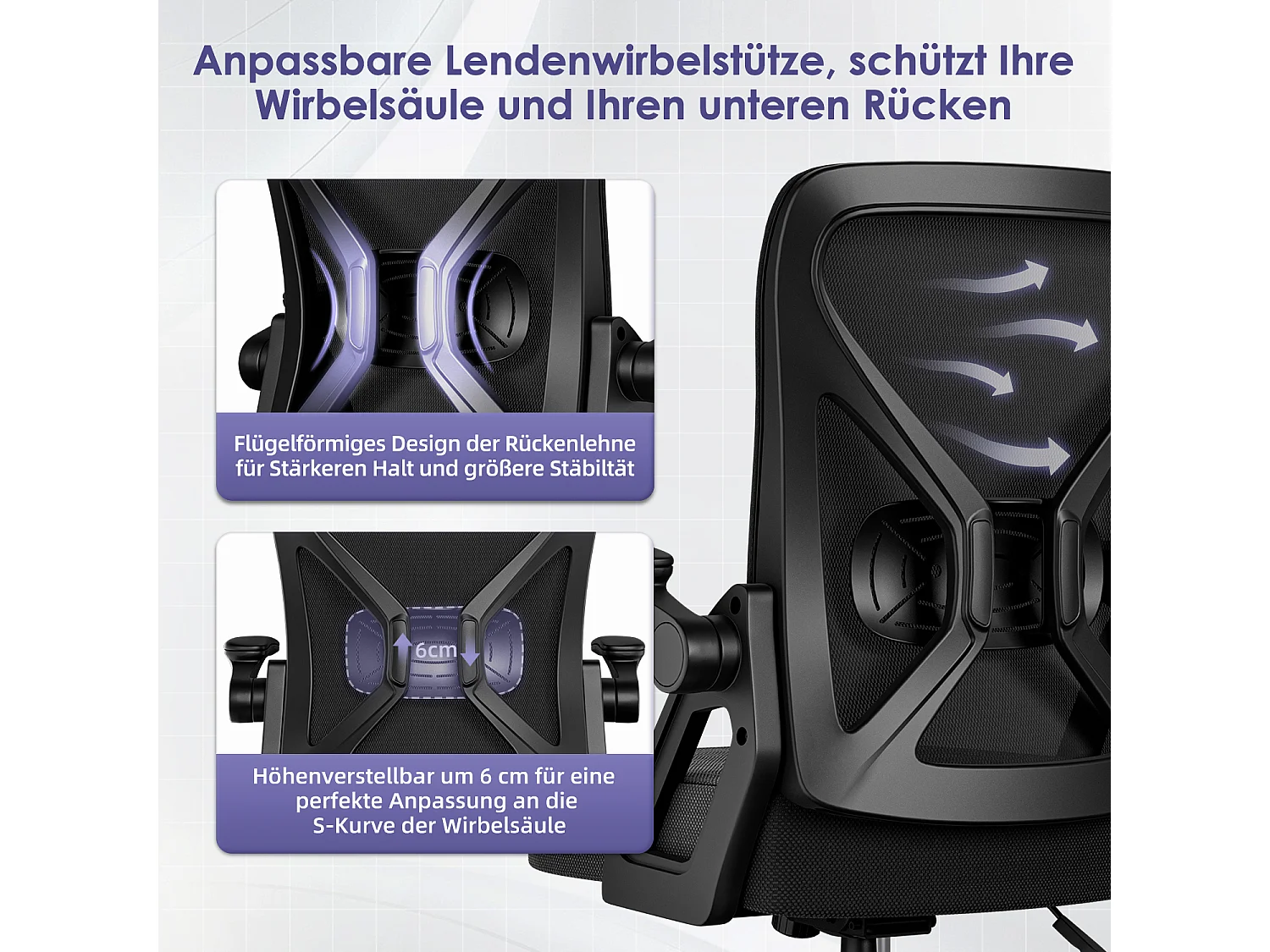 Bürostuhl - Chefsessel aus Mesh - Ergonomischer Schreibtischstuhl - Verstellbarer Armlehnen und Lendenwirbelstütze - Drehstuhl Wippfunktion - Atmungsaktiv