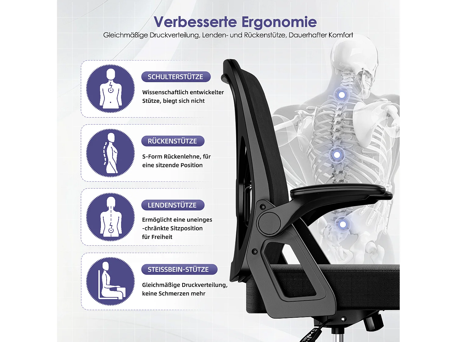 Chaise de bureau - Fauteuil de direction en maille - Chaise de bureau ergonomique - Accoudoirs et soutien lombaire réglables - Chaise pivotante avec fonction bascul
