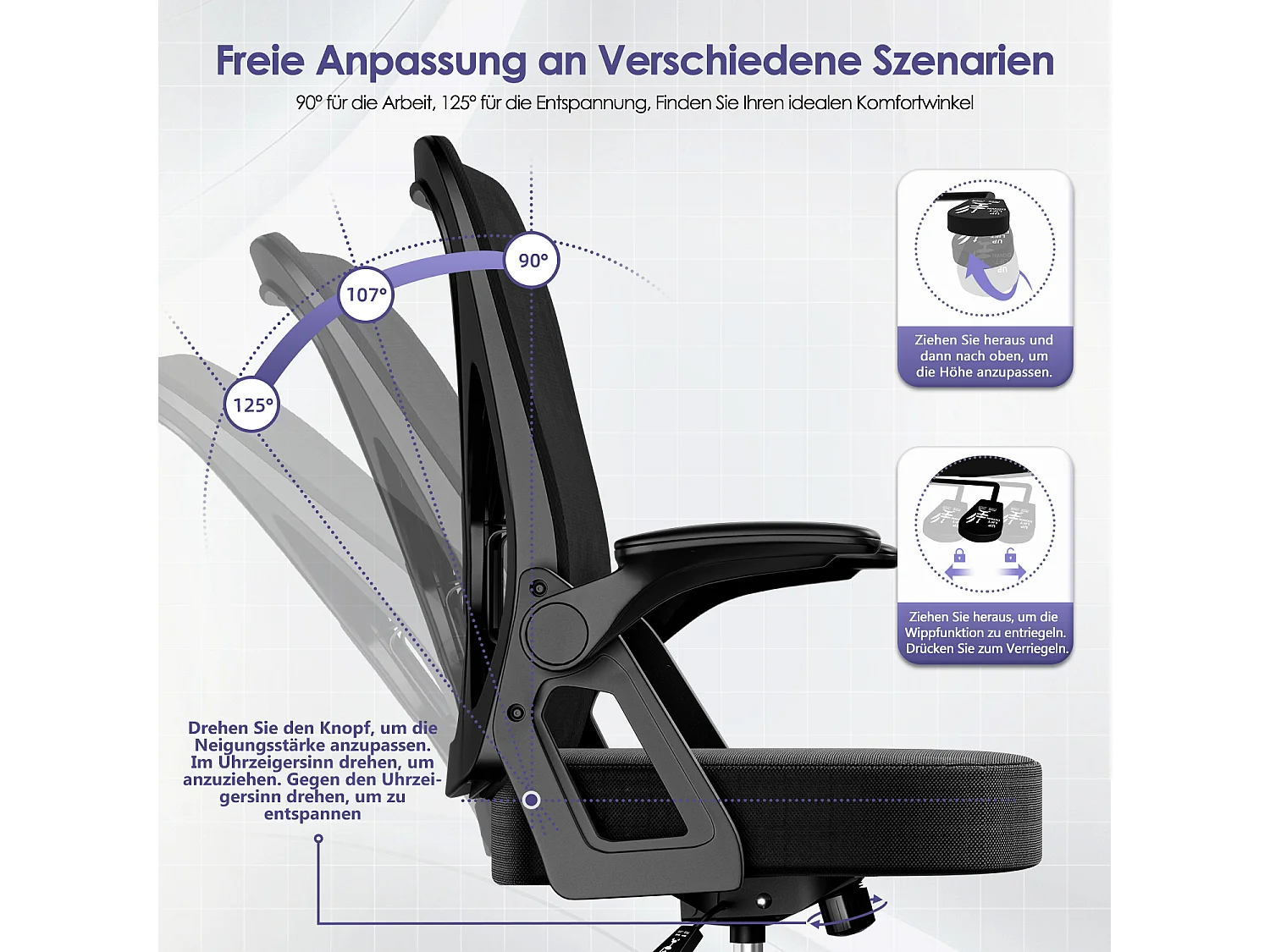 Chaise de bureau - Fauteuil de direction en maille - Chaise de bureau ergonomique - Accoudoirs et soutien lombaire réglables - Chaise pivotante avec fonction bascul
