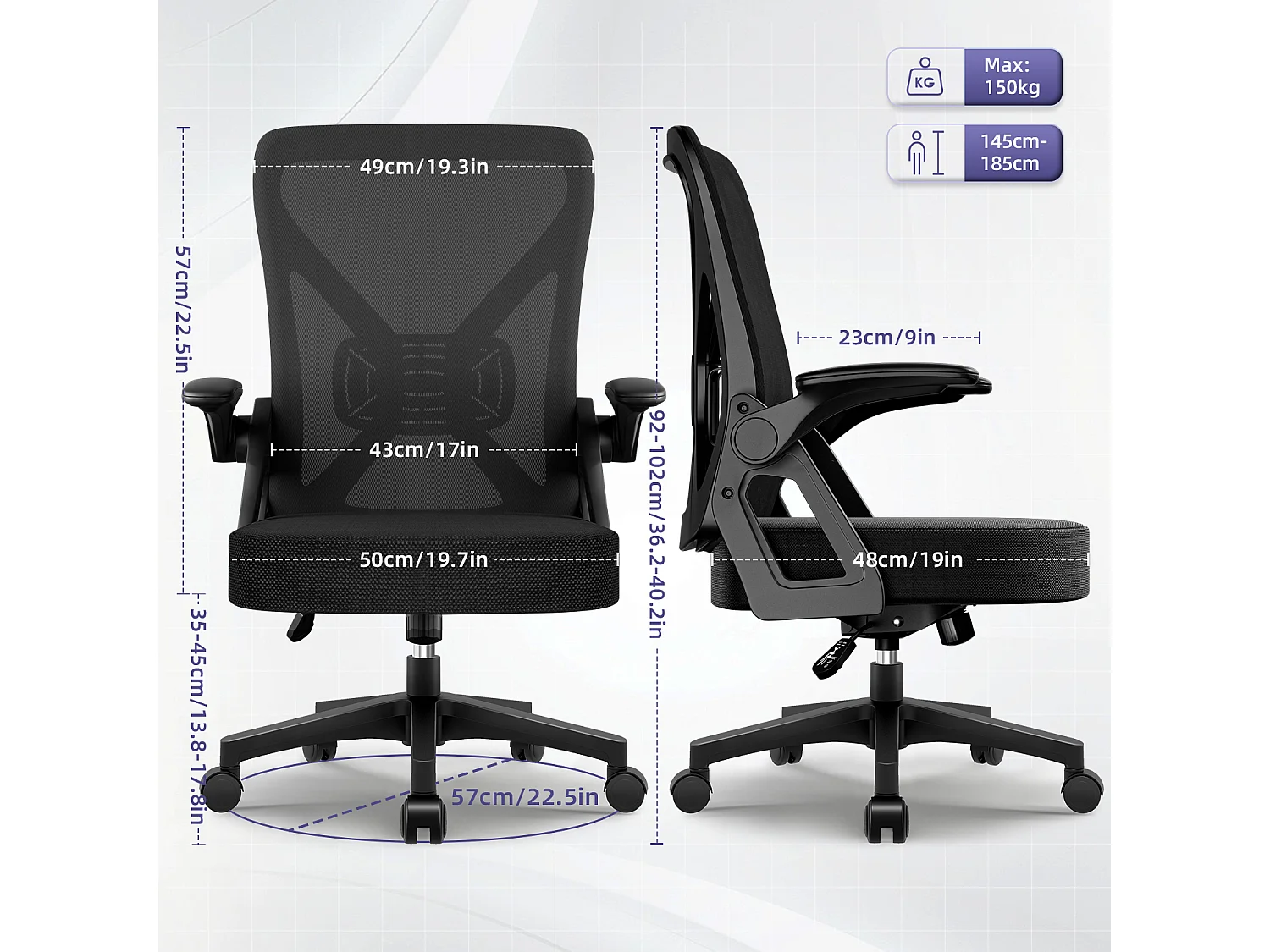 Chaise de bureau - Fauteuil de direction en maille - Chaise de bureau ergonomique - Accoudoirs et soutien lombaire réglables - Chaise pivotante avec fonction bascul