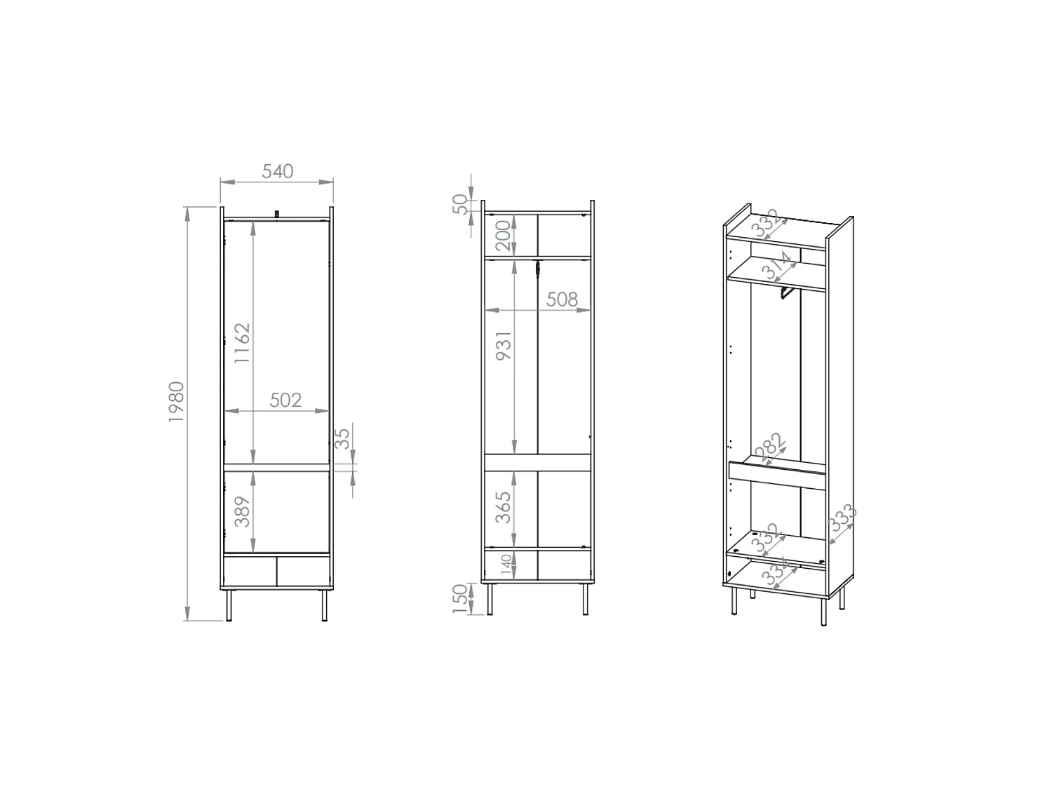 2-deurs kledingkast met kledingroede en legplank – greige – 54 cm – Dioce