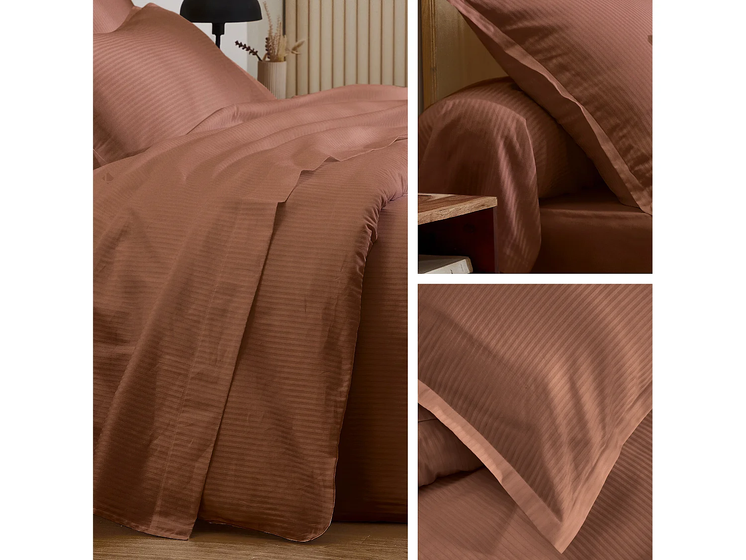 Parure 200x200 cm 50x70 cm satin GRAND HÔTEL 3 pièces marron cuir